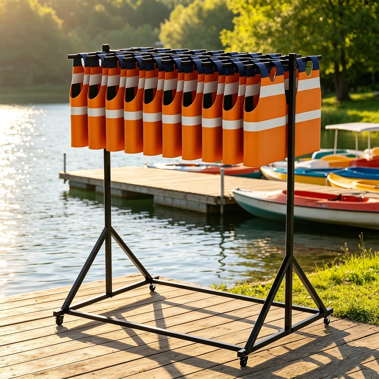 Heavy-Duty Life Vest Holder, Pool Equipment Life Jacket Storage Rack with Swivel Wheels, Pool Towel Hanger Outdoor, Dock Organizer Drying Rack(Double-tier)
