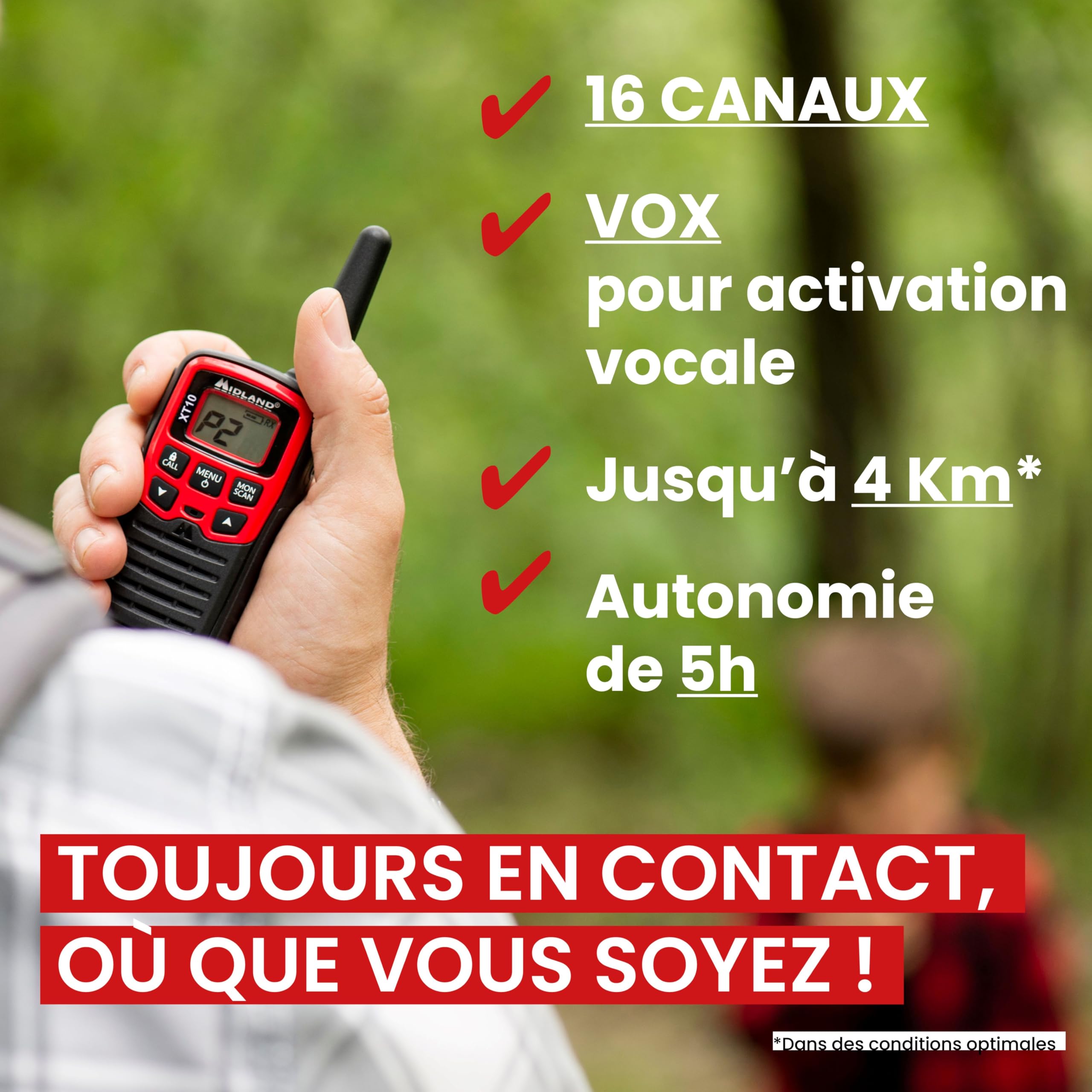 Midland - Talkie Walkie 4Km Professionnel XT10, 2 Radio Récepteur Émetteur Entry Level Chasse, Outdoor et Randonnée, 16 Canaux PMR446 sans Licence, 38 Tons CTCSS, VOX, SCAN, 2 Clips de Ceinture Inclus