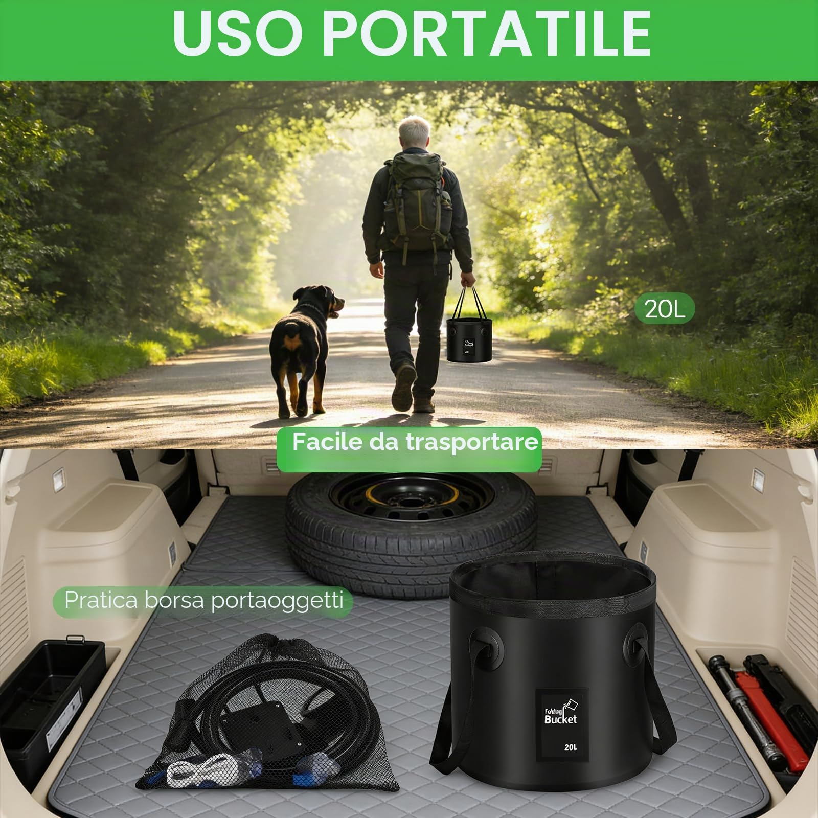 Doccia da Campeggio con Secchio Pieghevole 20L, 6000 mAh Doccia Ricaricabile Portatile con Doppio Display Digitale e Temperatura, Impermeabile IPX7 Doccia Esterna per Spiaggia, Auto, Animali, Giardino