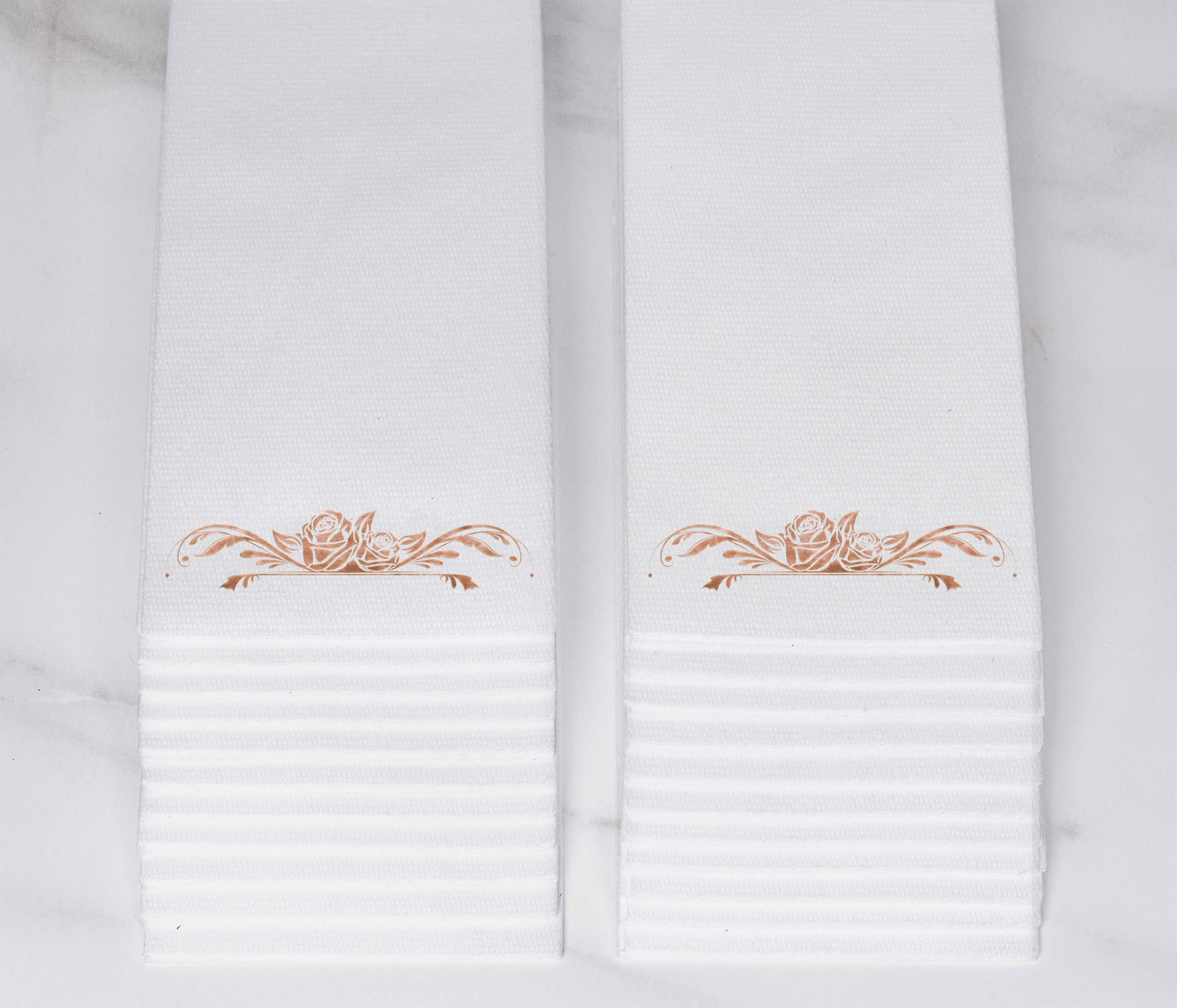Servilletas de papel Airlaid de 30,5 x 43,18 cm, con sello de lámina de 1/6 pliegues desechables para invitados con absorbente, tacto lino, bodas, recepciones, fiestas y baño, 100 Count, Rose gold