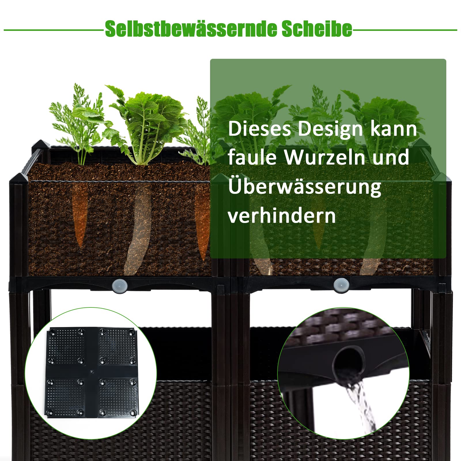 GOPLUS 4-Blumentopf Set, Erhöhtes Gartenbeet mit Wasserspeicher & Entwässerungsloch, stehender Blumentopf mit Abnehmbarer Füße, Blumenkasten für terrasse & Garten & Balkon, Quadratisch 40x40 cm