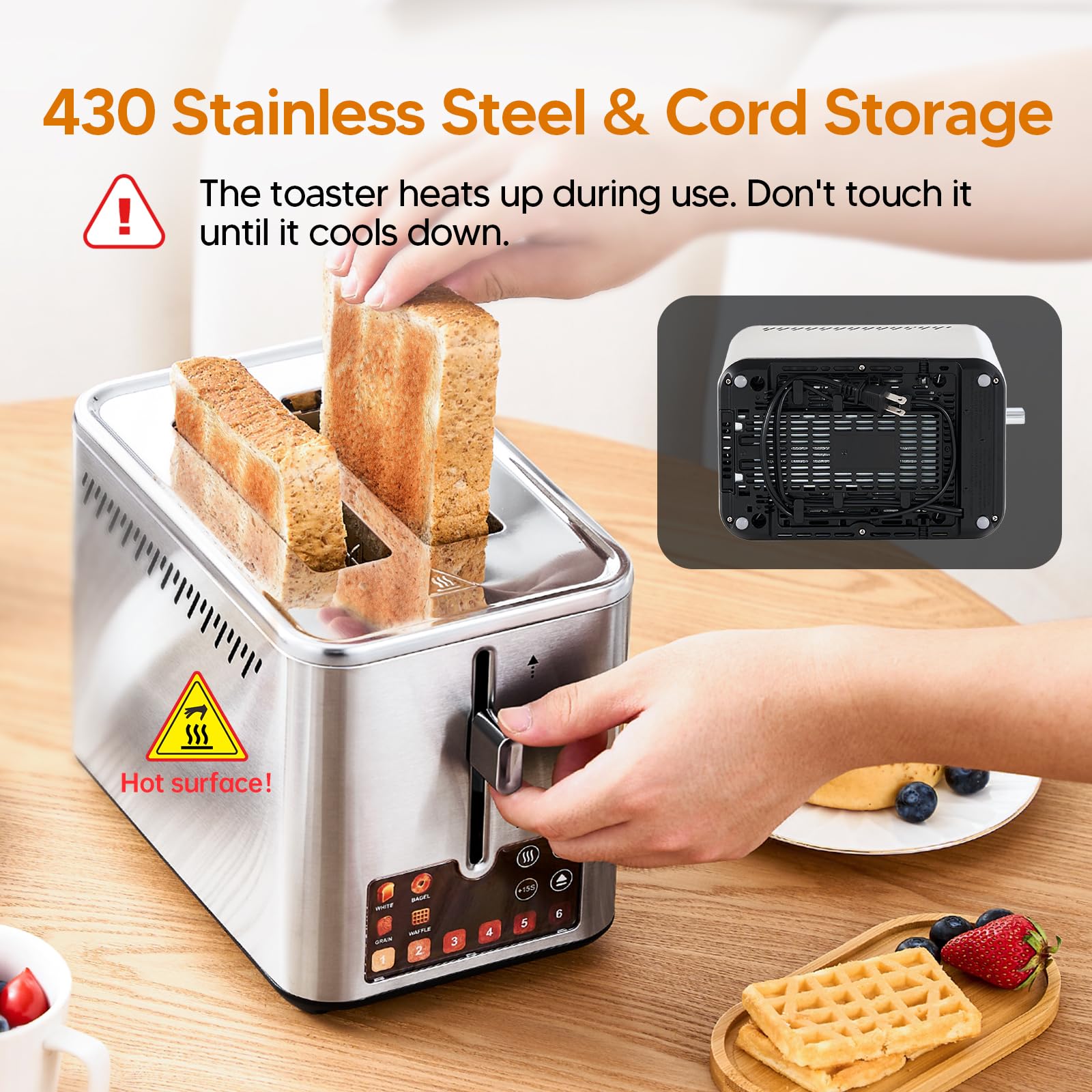 Tostadora de pantalla táctil de 2 rebanadas, tostadora inteligente de acero inoxidable con temporizador digital, ranuras extra anchas de 1.38 pulgadas para pan y bagel, con recalentamiento 9