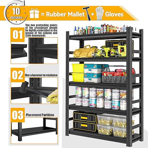 Miniatura 5 de Estantería de metal resistente para garaje, estantes de almacenamiento ajustables de 5 niveles, 3000 libras para garaje y sótano, cocina y despensa,