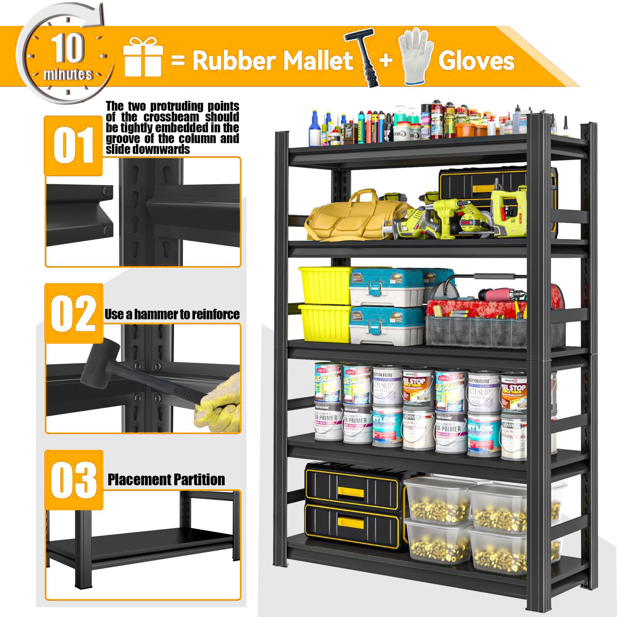 Scaffalatura per garage a 5 ripiani, resistente, 121,9 x 61 x 185,4 cm (larghezza x profondità x altezza), regolabile, in metallo, per garage, cantine, magazzini, colore: nero