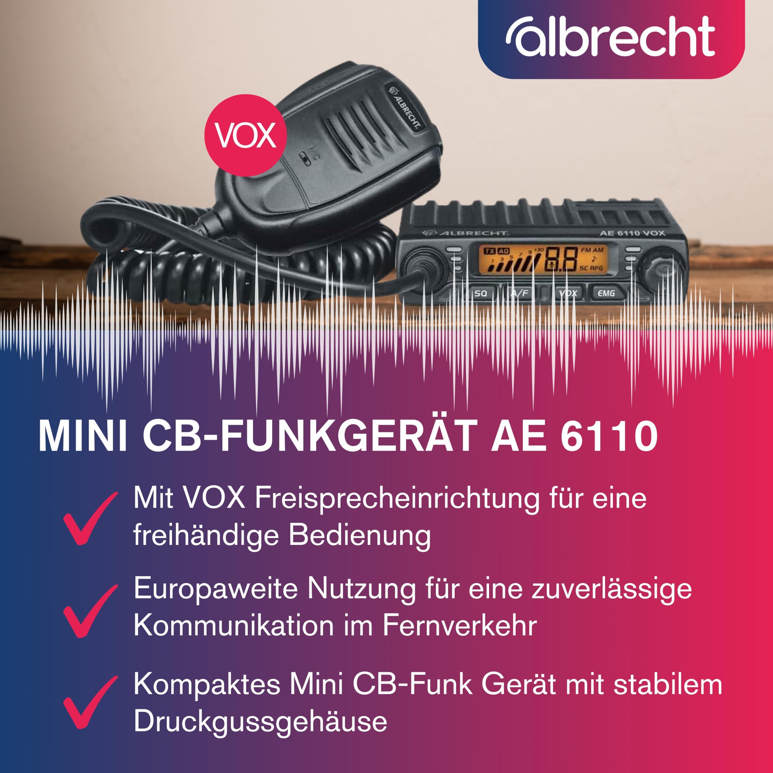 Albrecht AE 6110 VOX CB-Funkgerät, mit VOX Freisprechfunktion für freihändige Nutzung in Auto & LKW, 12613, Mini CB-Funk mit ASQ & LED-Anzeige, schwarz
