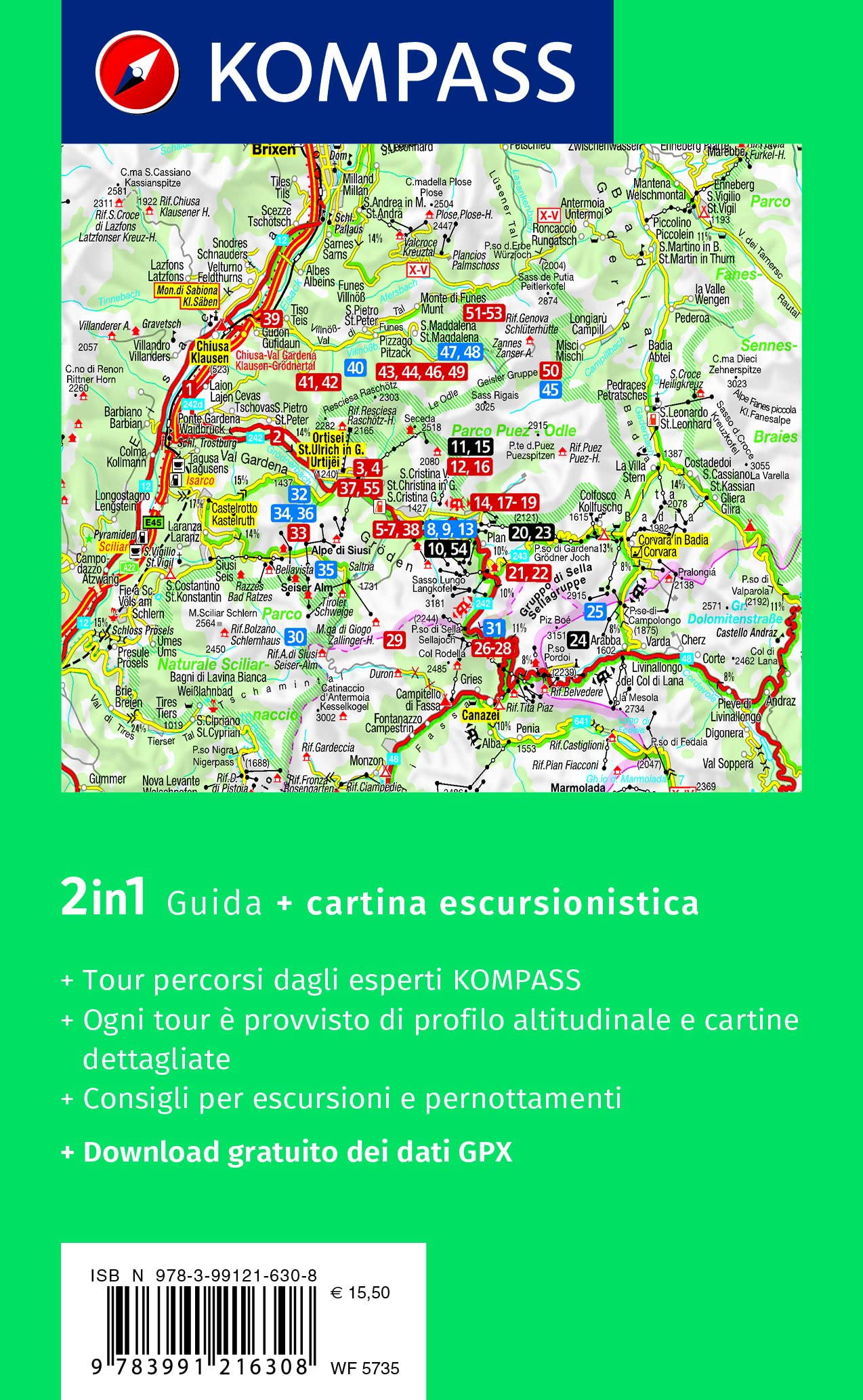 Carta escursionistica Kom 5735. Val Gardena, Val di Funes, Alpe di Siusi: cartina escursionistica, Download gratuito dei dati GPX