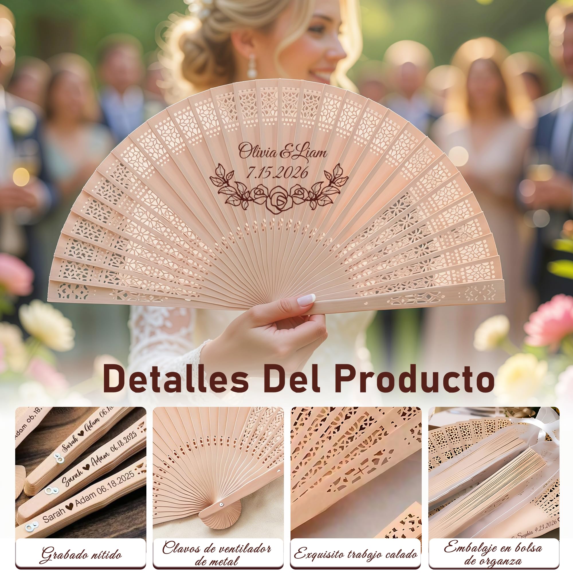 Abanicos Personalizados para Invitados de Boda, abanicos de Madera para Bodas con Texto/diseño Grabado, Paquete de abanicos Plegables con Bolsa de Organza y Borla, Eventos y decoración (20piezas) — view 6