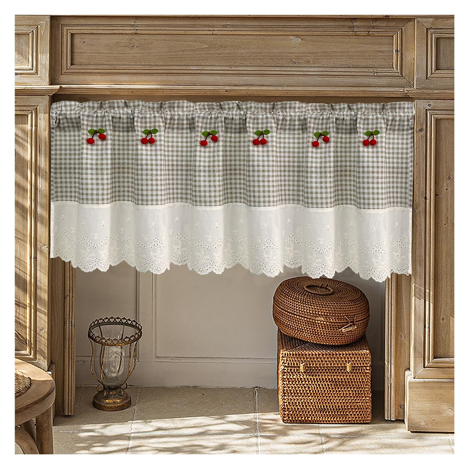 Fdbtyjn Light Coffee Short Curtains 1Pc Short Curtain For Kitchen Vintage Small Window Drape With Cherries Cabinet Cafe Home Decoration(,W150cm X H80cm(1Pc))