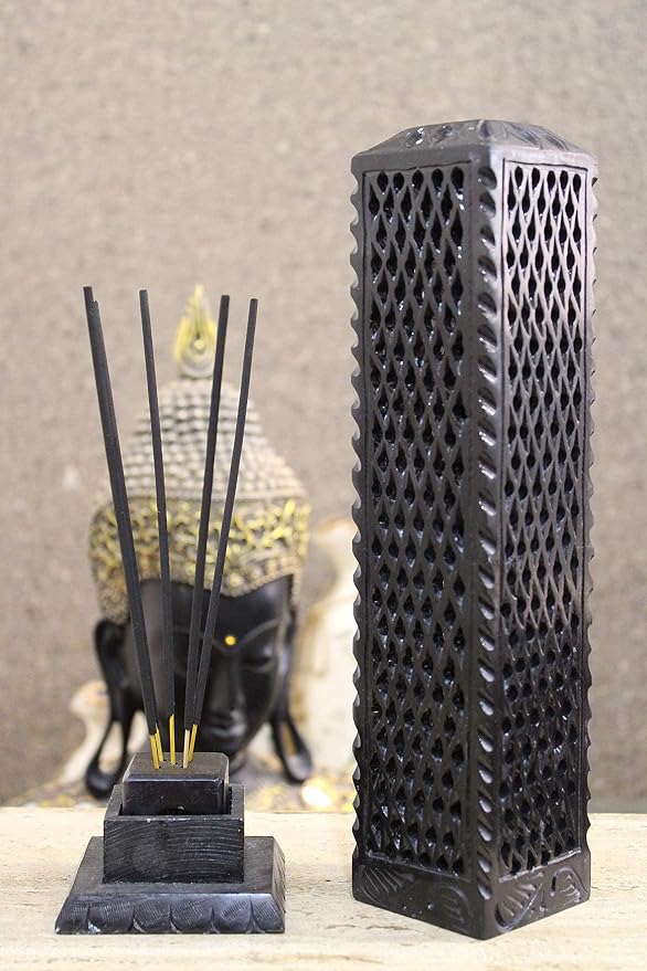 Handmade Black Soapstone Incense Stick Tower Holder | Marble Incense Stick Tower Burner Holder Spa Aromatherapy Home Office Fragrance Accessories Home Office Decor - (11 X 3 Inches)