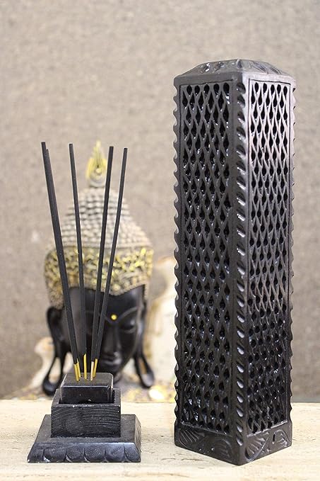 KC KULLICRAFT Marble Incense Stick Holder Agarbatti Stand Candle Burner/Handmade Black Carving Soapstone for Home Decor(Square)