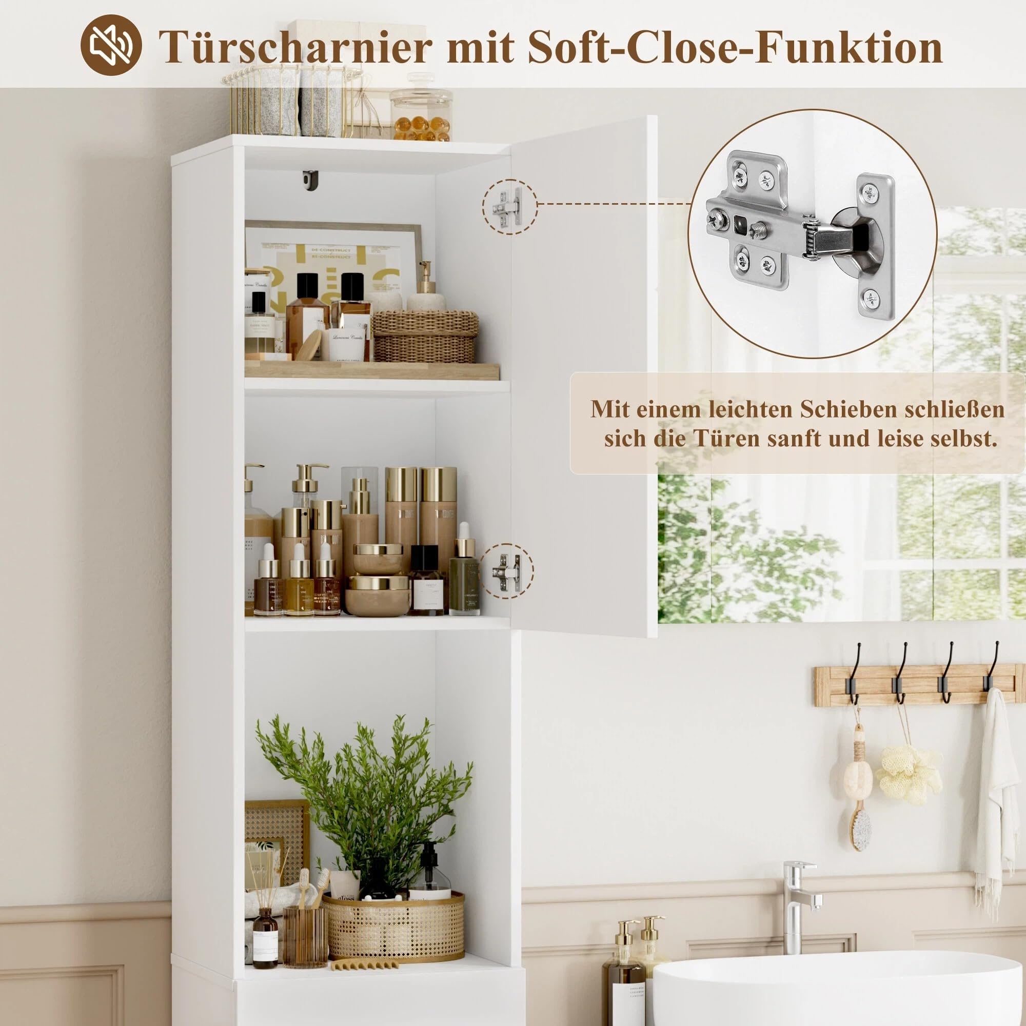 FOREHILL 180cm hoch Badezimmerschrank, Badschrank, schmaler Badezimmer Hochschrank mit 2 Türen und 1 Schublade, 37x30x180cm, weiß