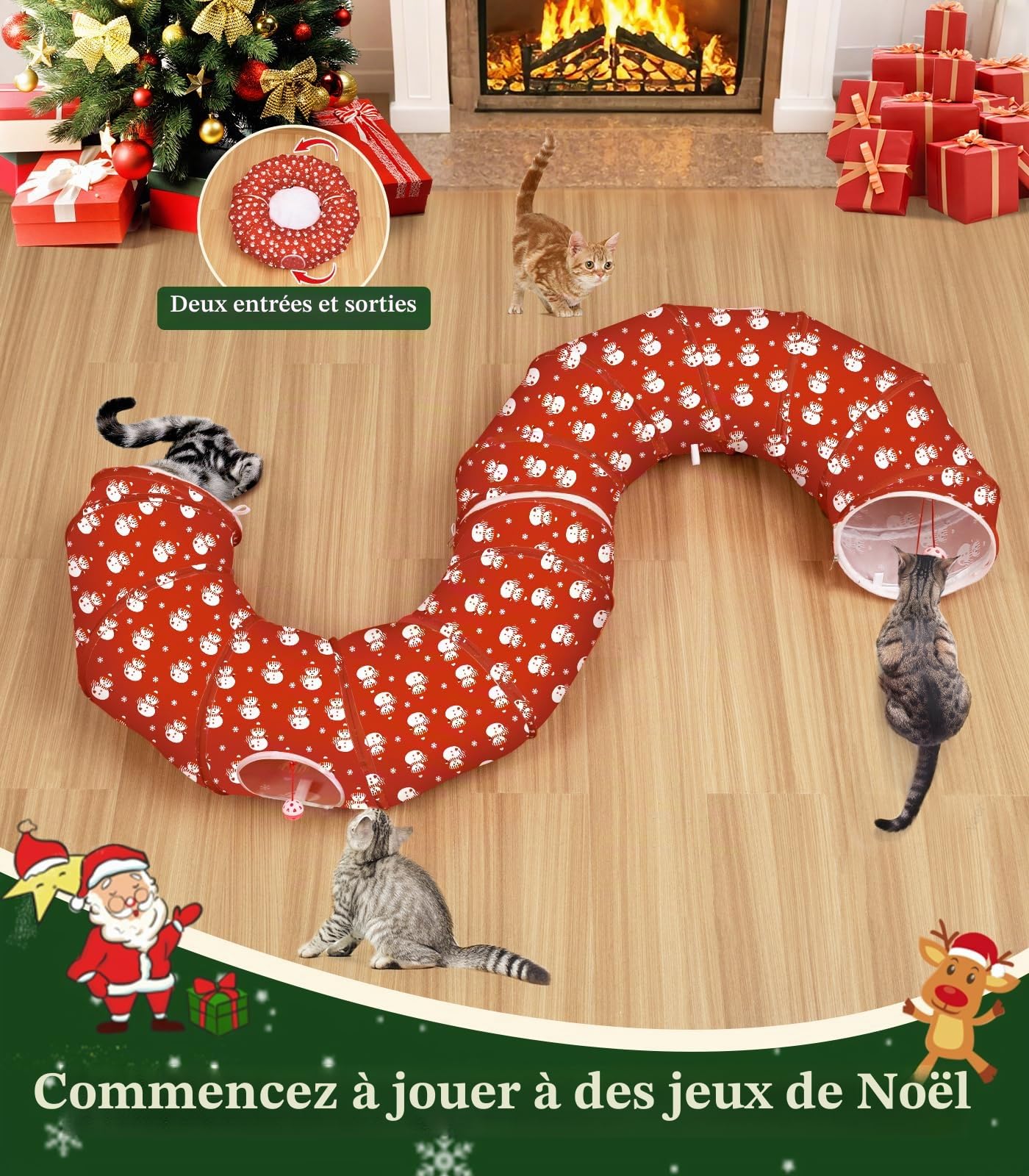 Pawaboo Lit Tunnel Noël Chat 35,4", Bonhomme Neige | Tunnel avec tapis, balles en peluche et grelots pour jouer, se cacher et se reposer.