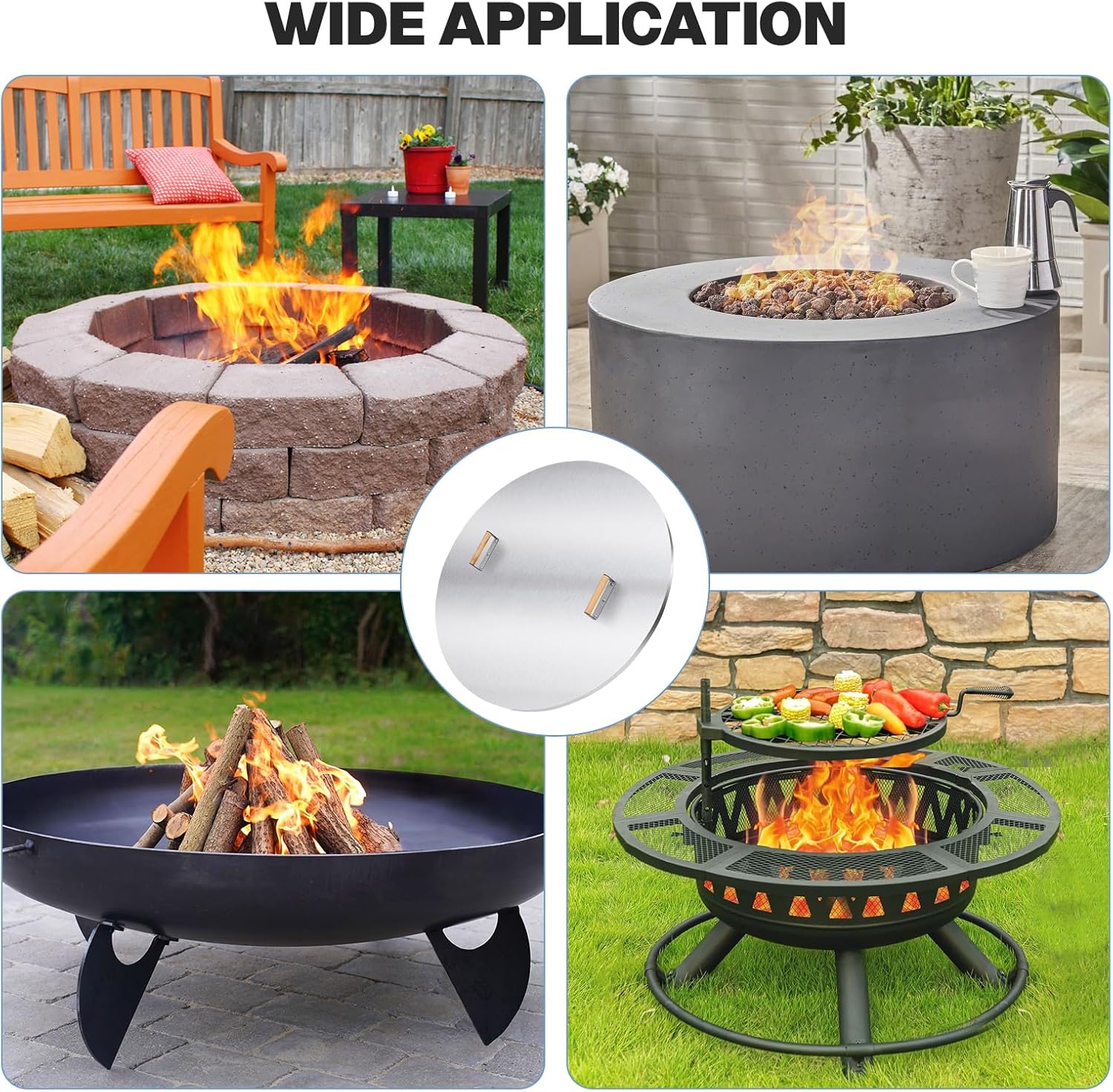 Fire Pit Lid Round - 38" Stainless Steel Rust Resistant Firepit Cover or Table with 2 Wooden Handles for Patio Fire Pit, Weatherproof for All Seasons, Fits Fire Pits Up to 36"