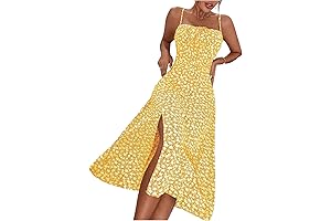 Women's Yellow Floral Sundress with Thigh-High Split and Spaghetti Straps