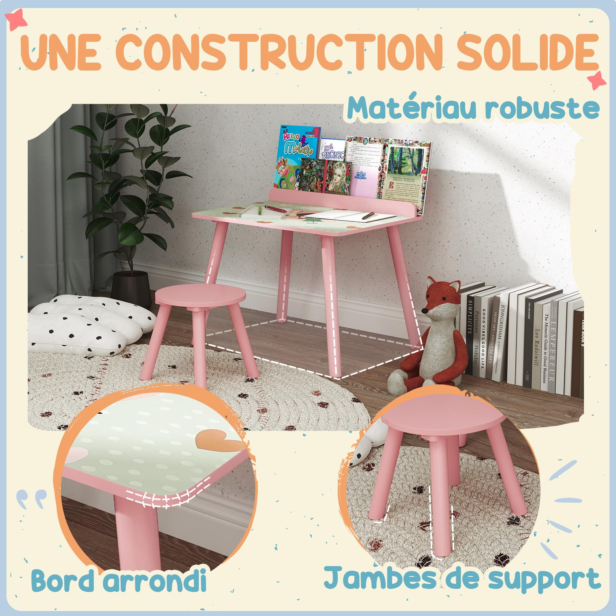AIYAPLAY Ensemble Table et Chaise Enfant Table pour Enfant avec Chaise avec Porte-Livres Motifs d'ours pour Enfants 3-8 Ans pour Chambre à Coucher, Salon, Salle de Classe, Rose