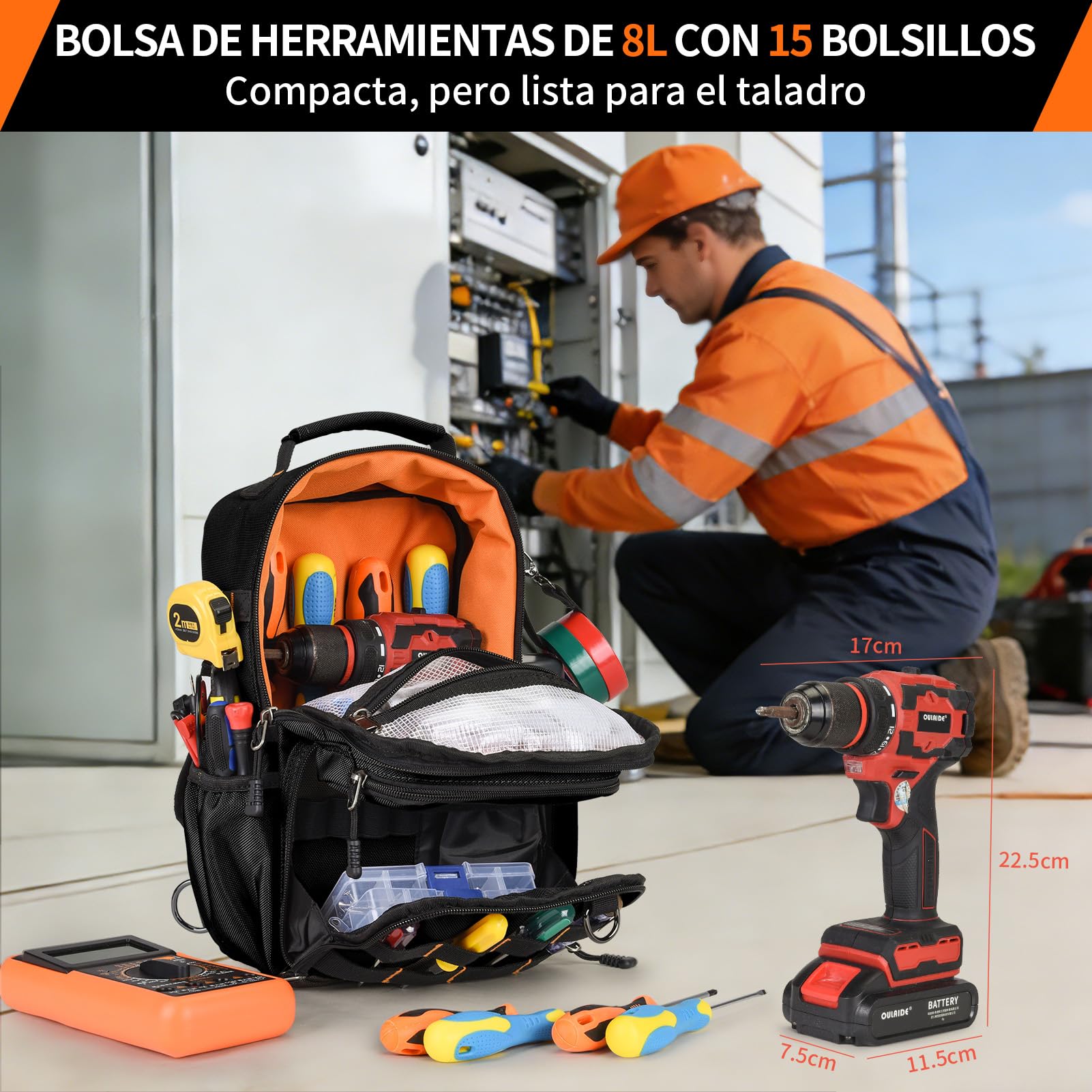 Bolsa de herramientas de pecho para electricista con correa Negro