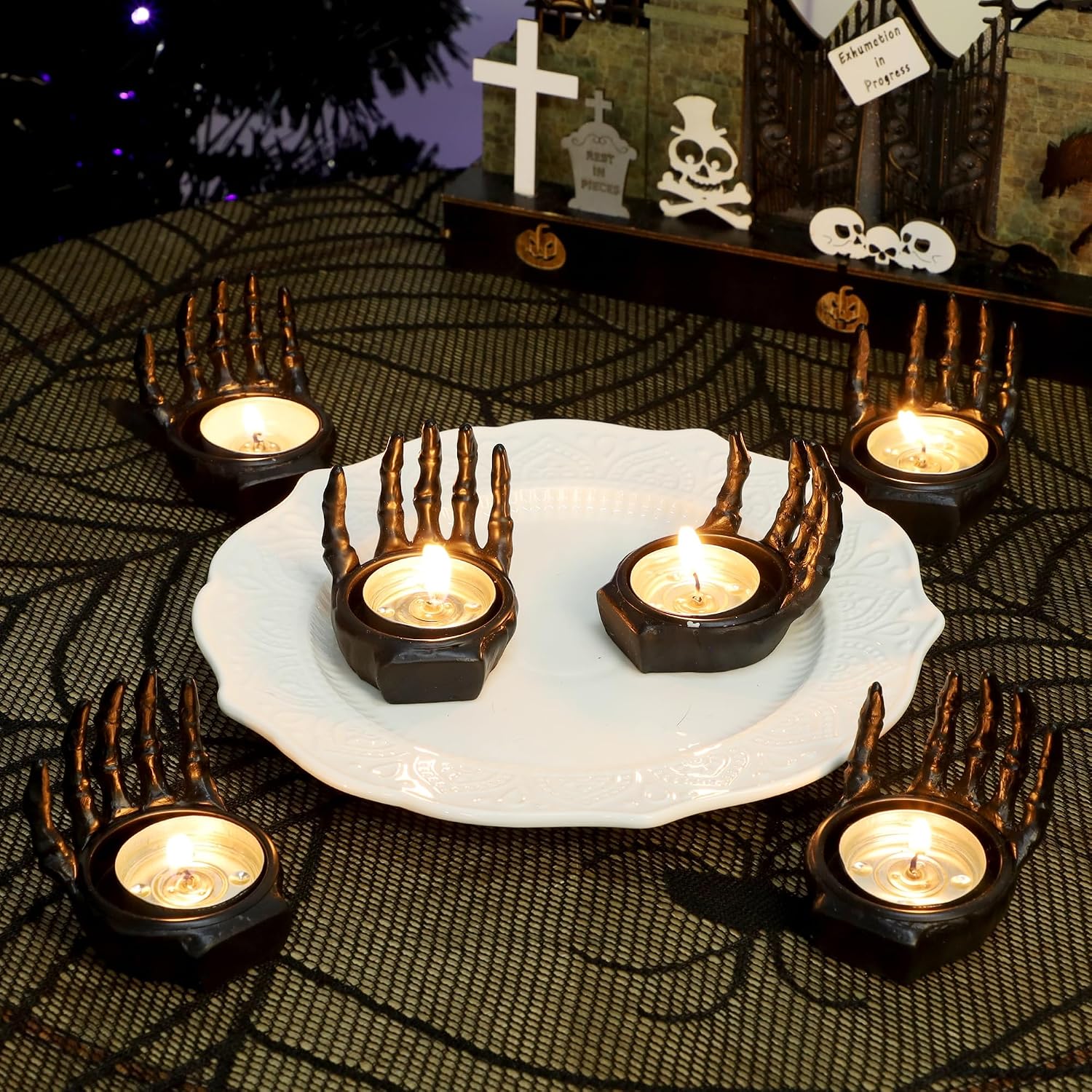 FORUP 6 Pack Skeleton Hand Tea Light Candle Holders, Halloween Candle Holder, Halloween Home Table Decoration, Dia.1.57", White