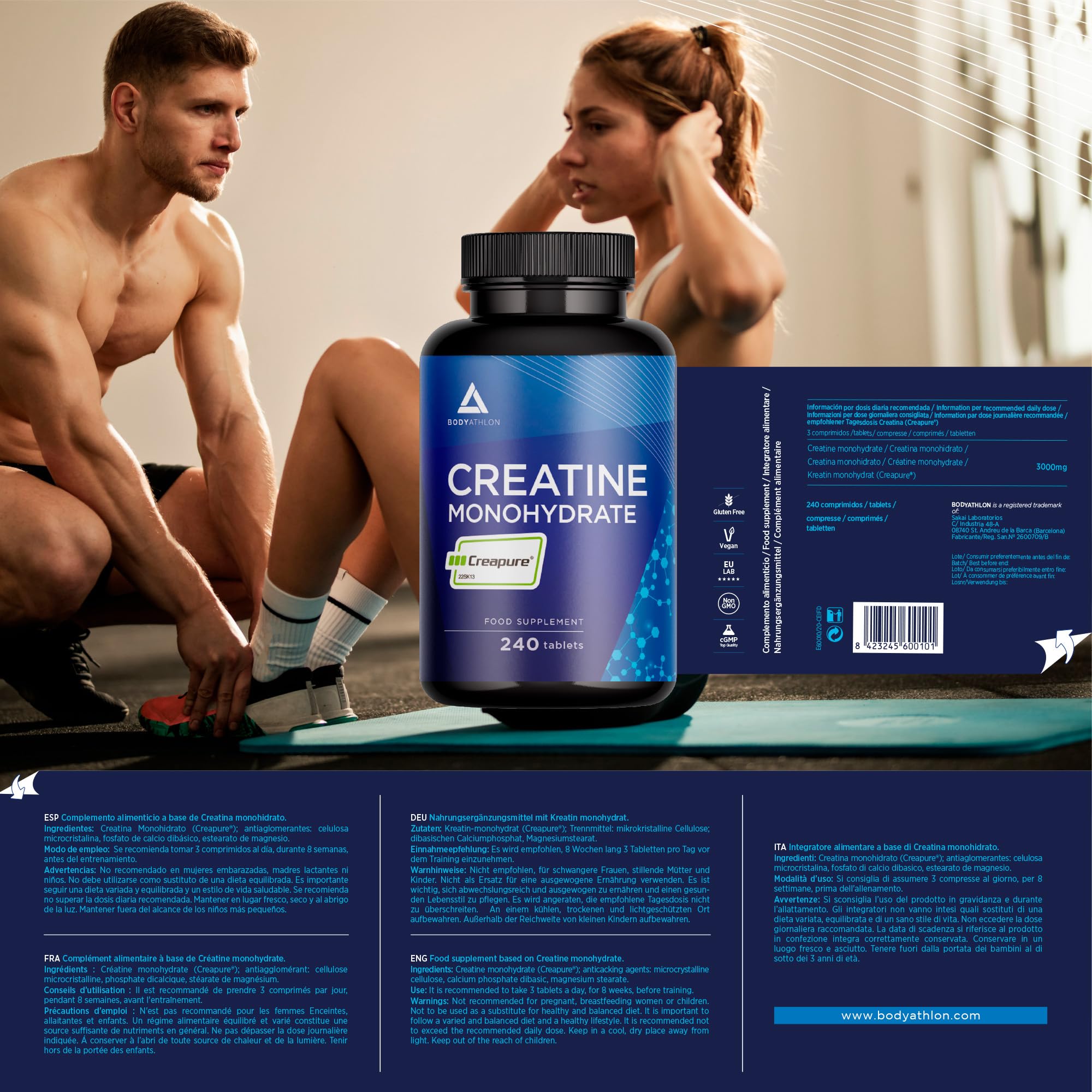 Creatin Creapure 240 tabletten | Kreatin Monohydrat Reines Creapure creatin 3000 mg| Glutenfrei, Vegan, Geschmacksneutral | 240 kreatin kapseln monohydrat Creapure | Bodyathlon