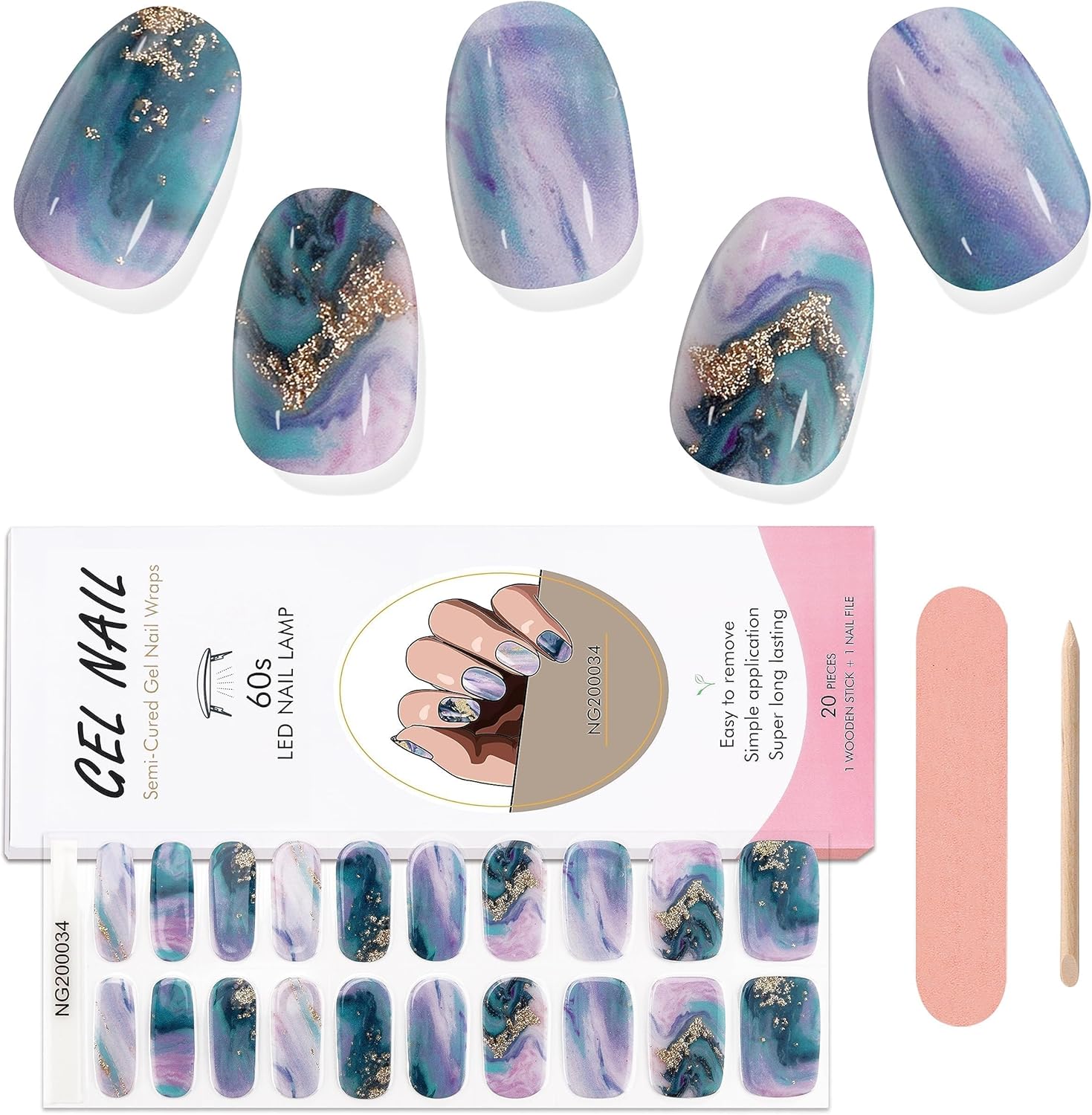EBANKU 20pcs Cured Gel Nail Strips,Gel Nail Strips Full Wraps Self Adhesive Gel Nail Stickers with Nail File and Stick (UV/LED Lamp Required)(#1)