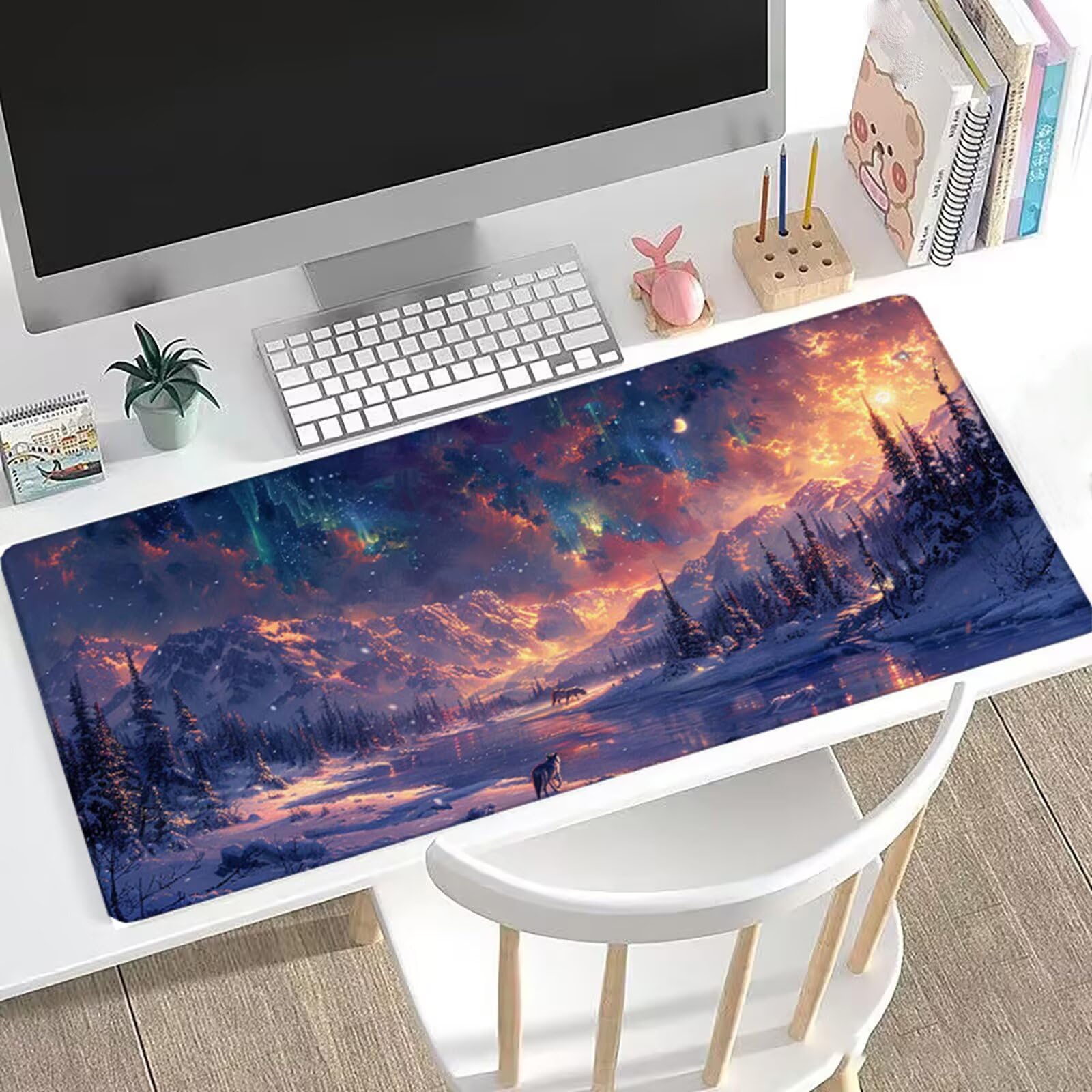 Podkładka pod mysz, 1500 x 800 x 3 mm, zorza polarna, duża podkładka pod mysz, góra, XXL, z antypoślizgowym spodem, obszyte krawędzie, wodoszczelna, na biurko, do komputera, MacBooka, laptopa i