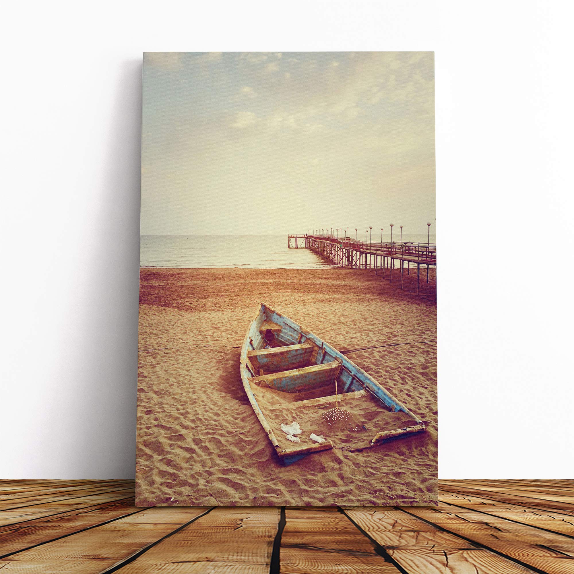 Stranded Boat on Beach Pier Seascape Canvas Print | Gallery Wrapped 30mm Frame Wall Art | 20x14 inches | Ready to Hang | Modern Seascape Picture | Living Room Bedroom Lounge Office