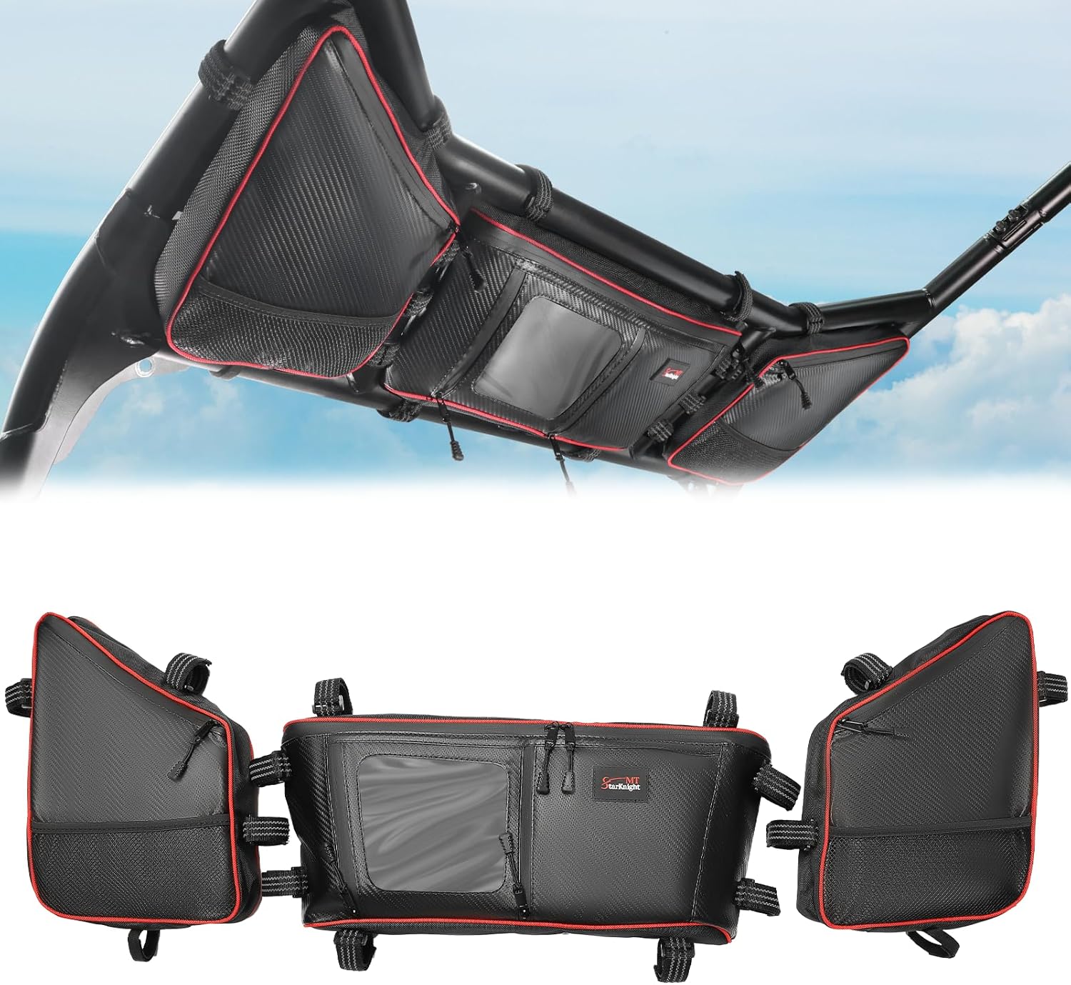 StarknightMT UTV Roll Cage Bags Compatible with 2024+ Polaris RZR XP/XP 4 1000, 1680D Waterproof 3 Pcs UTV Overhead Storage Bag, 12L Large UTV Storage Bag with Multi Pockets and Clear Pouch