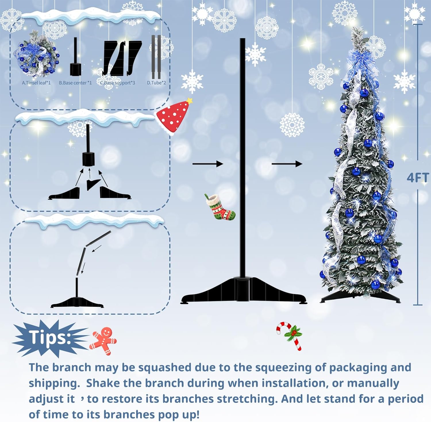 4FT Pop up Christmas Tree for Indoor Decoration Pre-lit Mini Christmas Tree with 60 Lights, Green Artificial Pencil Tree Collapsible Tinsel Pop up Snowy with Blue Bow Christmas Ball