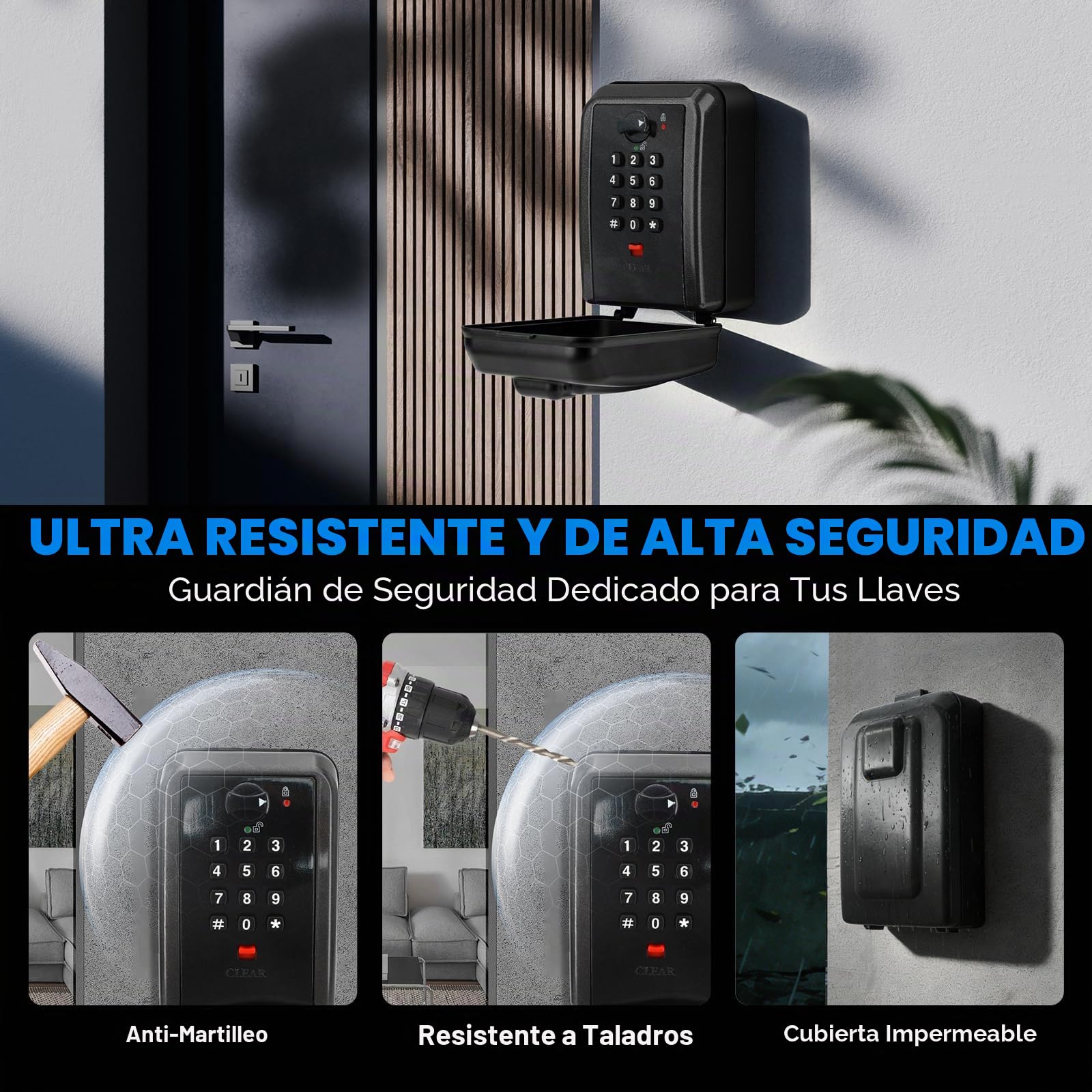 Caja de Seguridad para Llaves Exterior, Guarda Llaves con Código de 12 Dígitos, Gran Capacidad para Pared, Resistente a la Intemperie, Ideal para Casa, Garaje y Negocio (Negro)