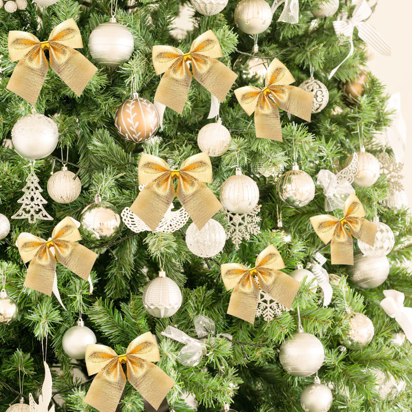 STOBAZA Lazos Navideños De Cinta para Árbol De Navidad Dorados 5x5 Cm, Cinta De Raso, 12 Piezas, Adornos Colgantes para Decoración Navideña Hogar y Fiesta