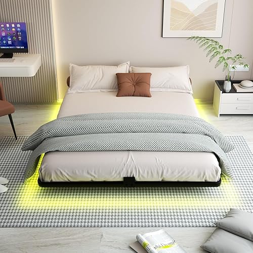 Miniatura 7 de Base de cama flotante tamaño matrimonial – Plataforma de metal con luces LED, no necesita somier, fácil montaje (completo)