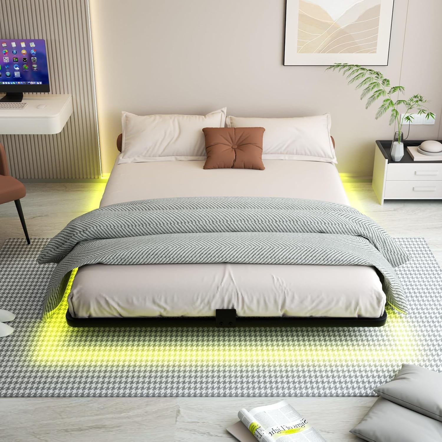 Floating Bed Frame with LED Lights and Charging Station - Modern Metal Platform Bed Frame - Noise Free