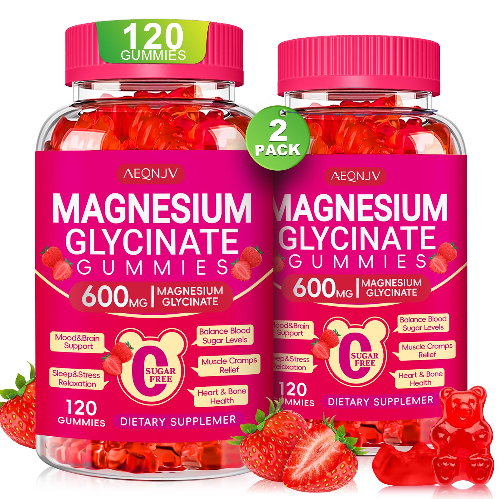 Magnesium Glycinate Gummies 600mg, Chewable Sugar Free Gummies with Magnesium Glycinate, Vitamin D, B6 and CoQ10 for Sleep, Relaxation, Brain and Muscle, 2 Pack