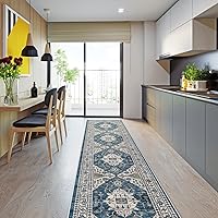 Vista 2 de Alfombra lavable para pasillo, de cocina, para entrada, alfombra suave vintage, antideslizante para interiores, para baño, sala de estar y Azul