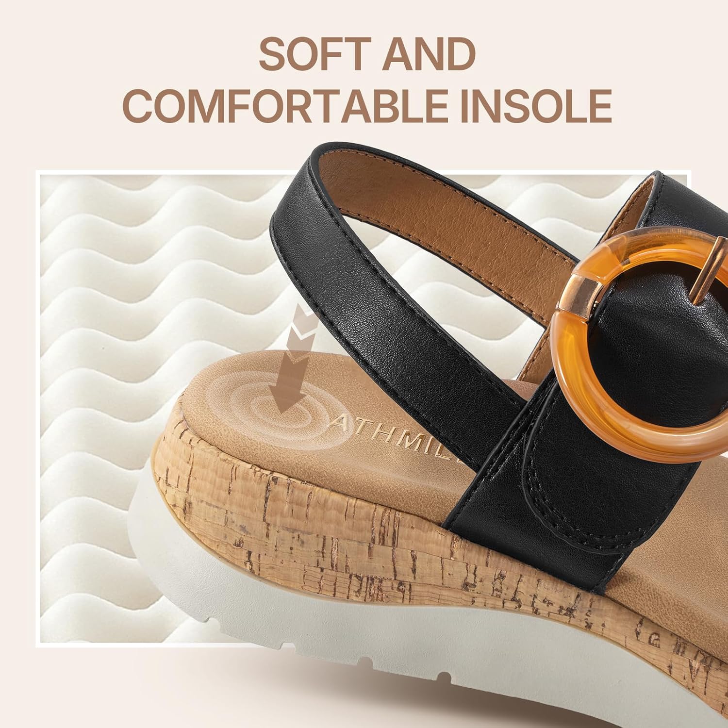 ATHMILE Women's Sandals Orthopedic Arch Support Platform Sandals for Women Adjustable Straps for Narrow & Wide Feet Comfort Walking Shoes for Travel Work Vacation & Everyday Casual Wear Black