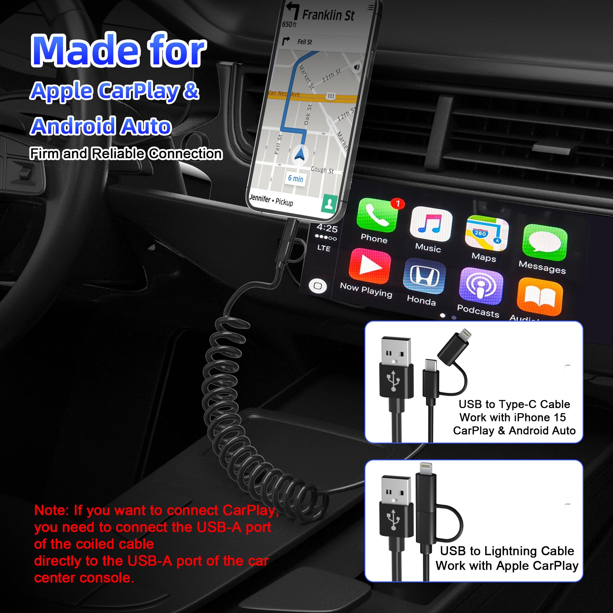 Cable Spirale Voiture pour Apple CarPlay et Android Auto [MFi & 3A Charge rapide & transmission de données] Câble USB vers USB C et Lightning 2 en 1 pour iPhone 17/16/15/14/13/12/11/Galaxy/Android