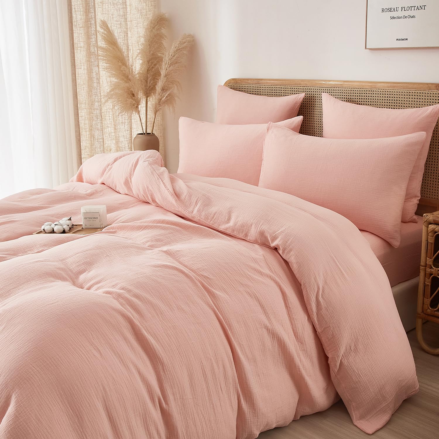 Luofanfei Bettwäsche 135x200 Muslin Baumwolle Rosa Renforce Uni Sommer Kühlende Boho Bettwäsche Set Einfarbig Weiche Bettbezug Knitterlook Bügelfrei mit Reißverschluss und Kissenbezug 80x80cm