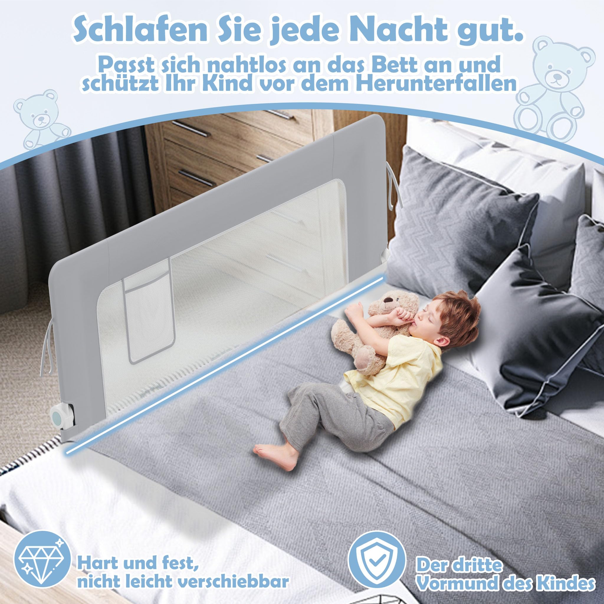 LZQ Zanzariera per letto per bambini, pieghevole, protezione contro le cadute, protezione dal letto, per bambini, protezione contro le cadute (grigio chiaro, 180 cm)