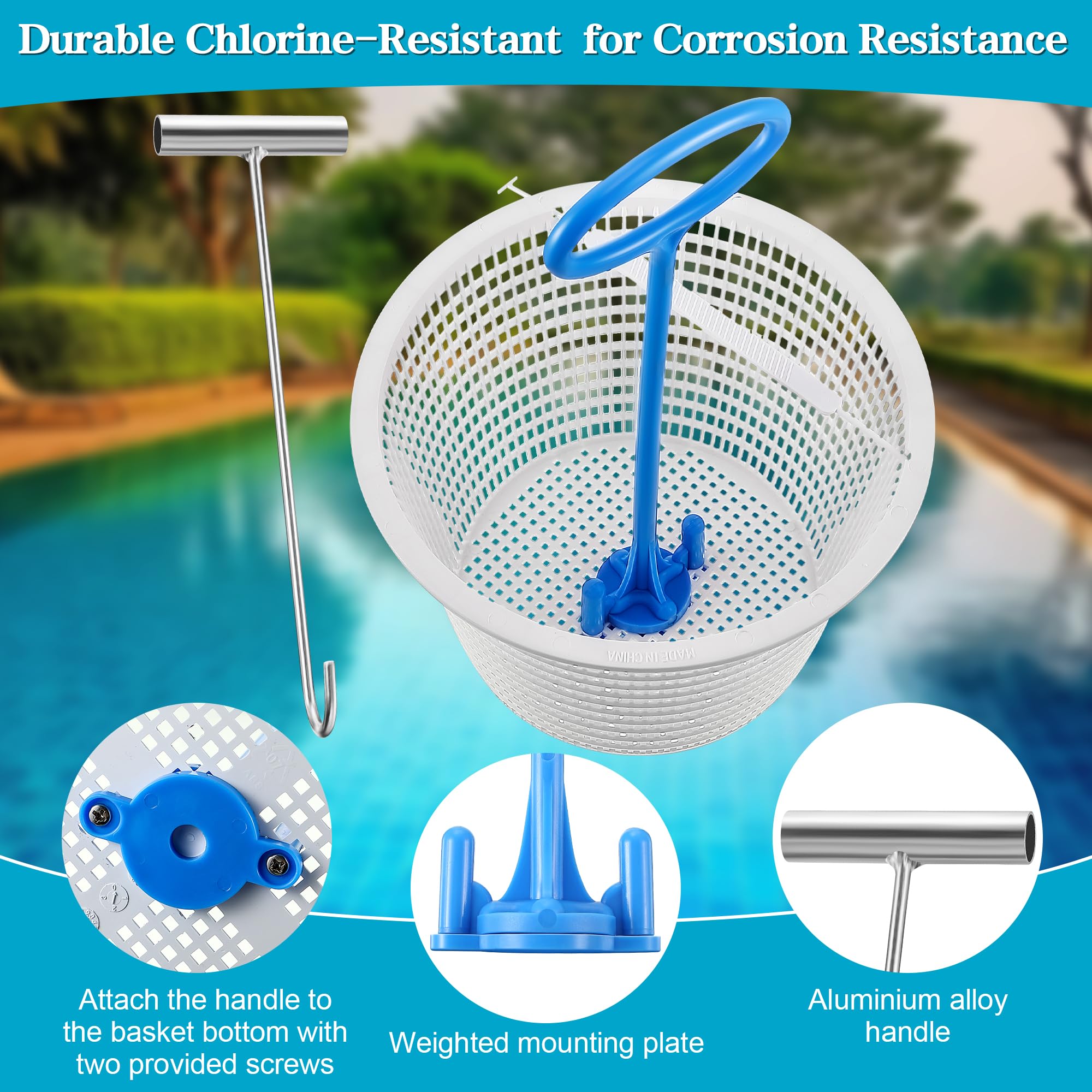 Saillong 2 cestas de repuesto blancas de 8 pulgadas y 2 asas de cesta de skimmer y 1 gancho de acero inoxidable plateado, cesta universal para piscina con asa para eliminar desechos de piscina,