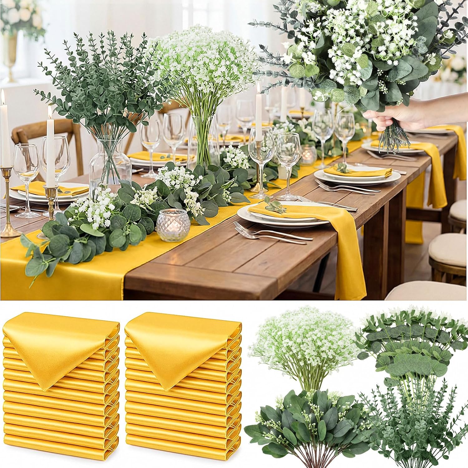 Zeyune 12 Pcs Gold Satin Table Runner with 120 Eucalyptus Stems, 12 x 108 Inch Glitter Table Runner Decor for Wedding Anniversary Engagement Party Holiday Dinner Formal Event Tables Centerpieces