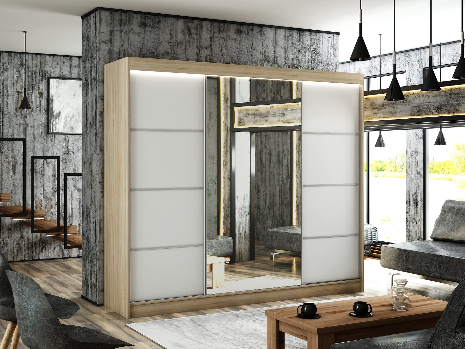 Margaret Hadas24 Kleiderschrank Padwa 250 mit Spiegel, Organizer, Mehrzweckschrank, Schwebetürenschrank, Garderobenschrank, Kleiderstange, Kleiderständer, Flurschrank, Schrank, 3-türig, braun, weiß