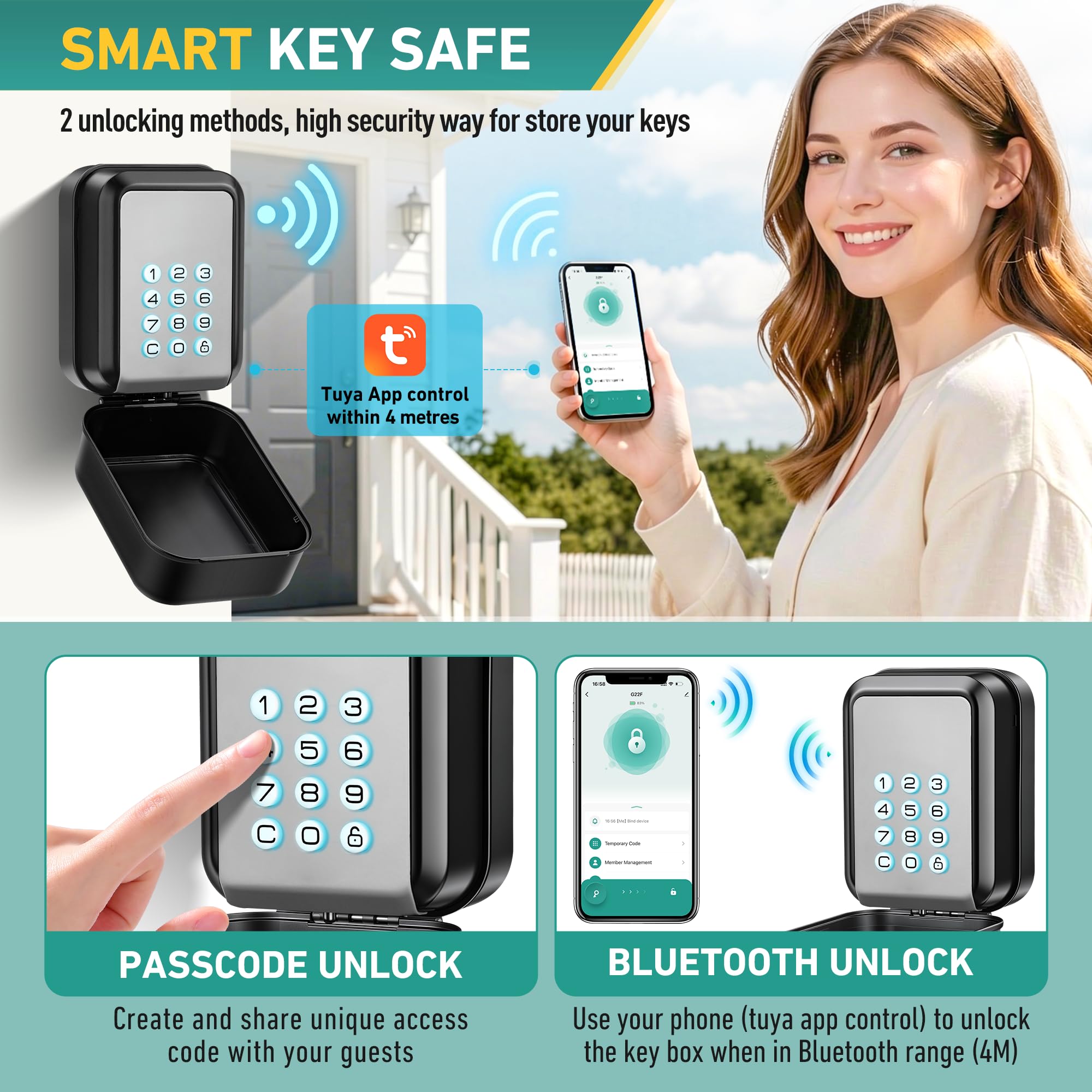 Smart Caja de Seguridad para Llaves Grande Cajetin Llaves con Codigo Retroiluminada Bluetooth y Código Pin Desbloquear Caja Llaves Pared Exterior Compatible con Aplicación Tuya (Gris)