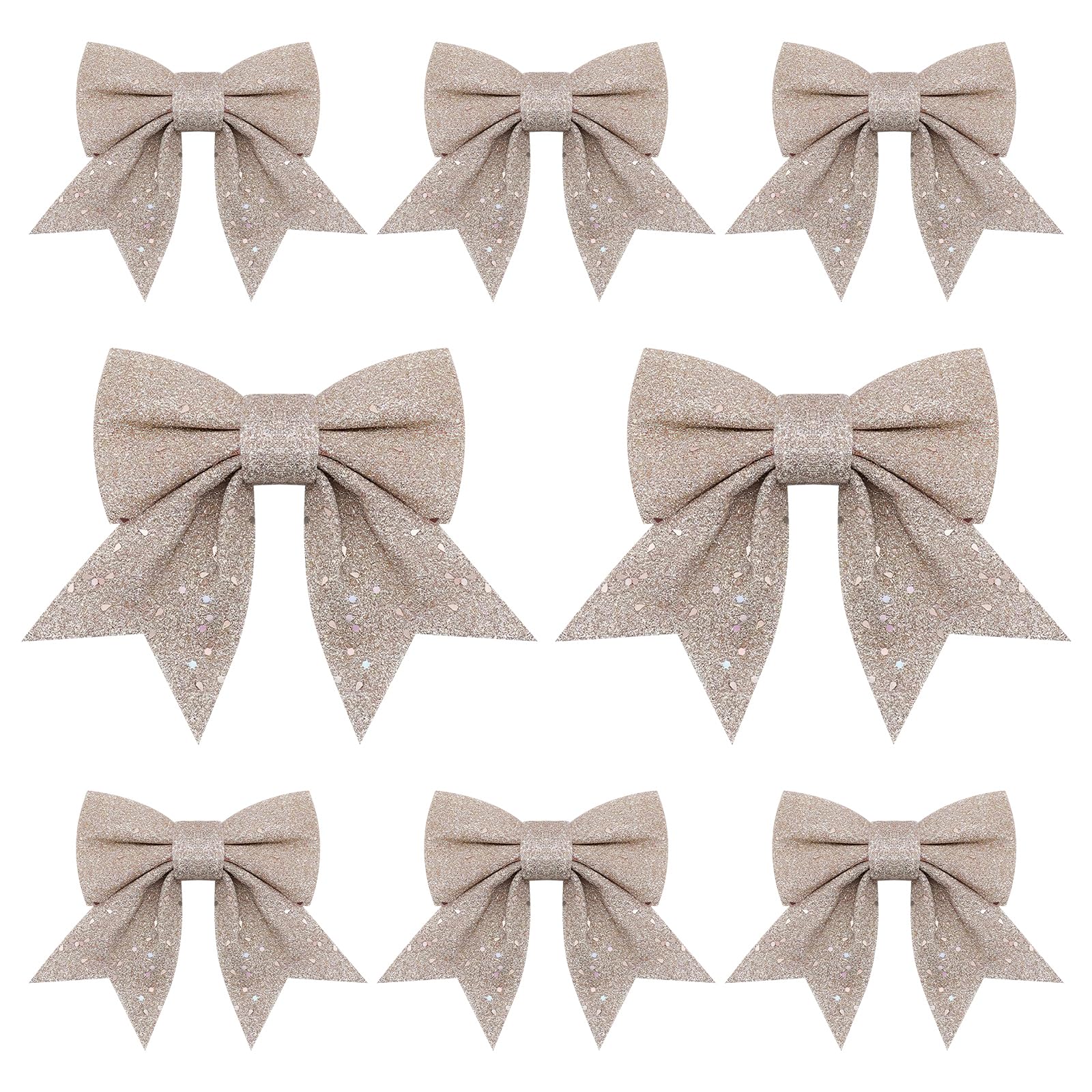 8pcs Glitter Christmas Bows, Xmas Bow Decorations, Bows for Christmas Tree, Christma Sequin Bowknot Tree Ornaments for Xmas Trees Decorations Garland Gift Wrapping Crafting Ornament (Champagne)