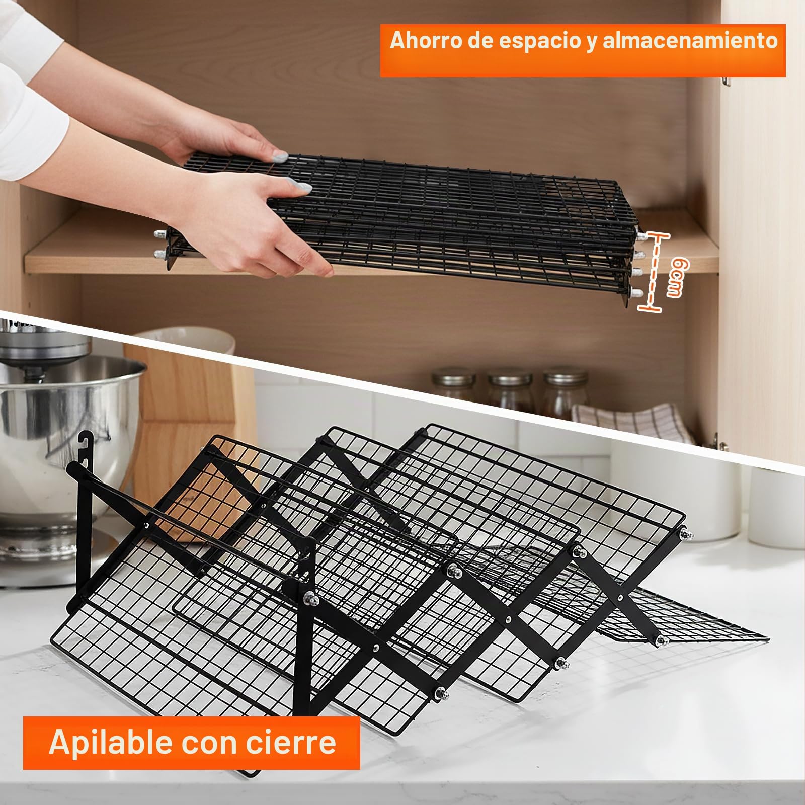 Rejilla de Enfriamiento Plegable de 4 Niveles, Rejilla Enfriar Reposteria para Bizcochos Resposteria Pizzas Galletas Pan, Bandeja con Rejillas, 3 Niveles de Ajuste de Altura, 43 x 24,5cm,Negro