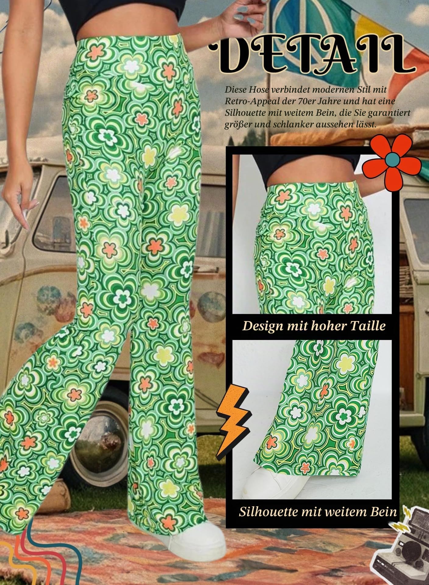 EVELUST 70er Jahre Schlaghose Für Damen – Boho 60er Hose Hippie Blumen High Waist Outfit Disco Kostüm Yogahose Leggings