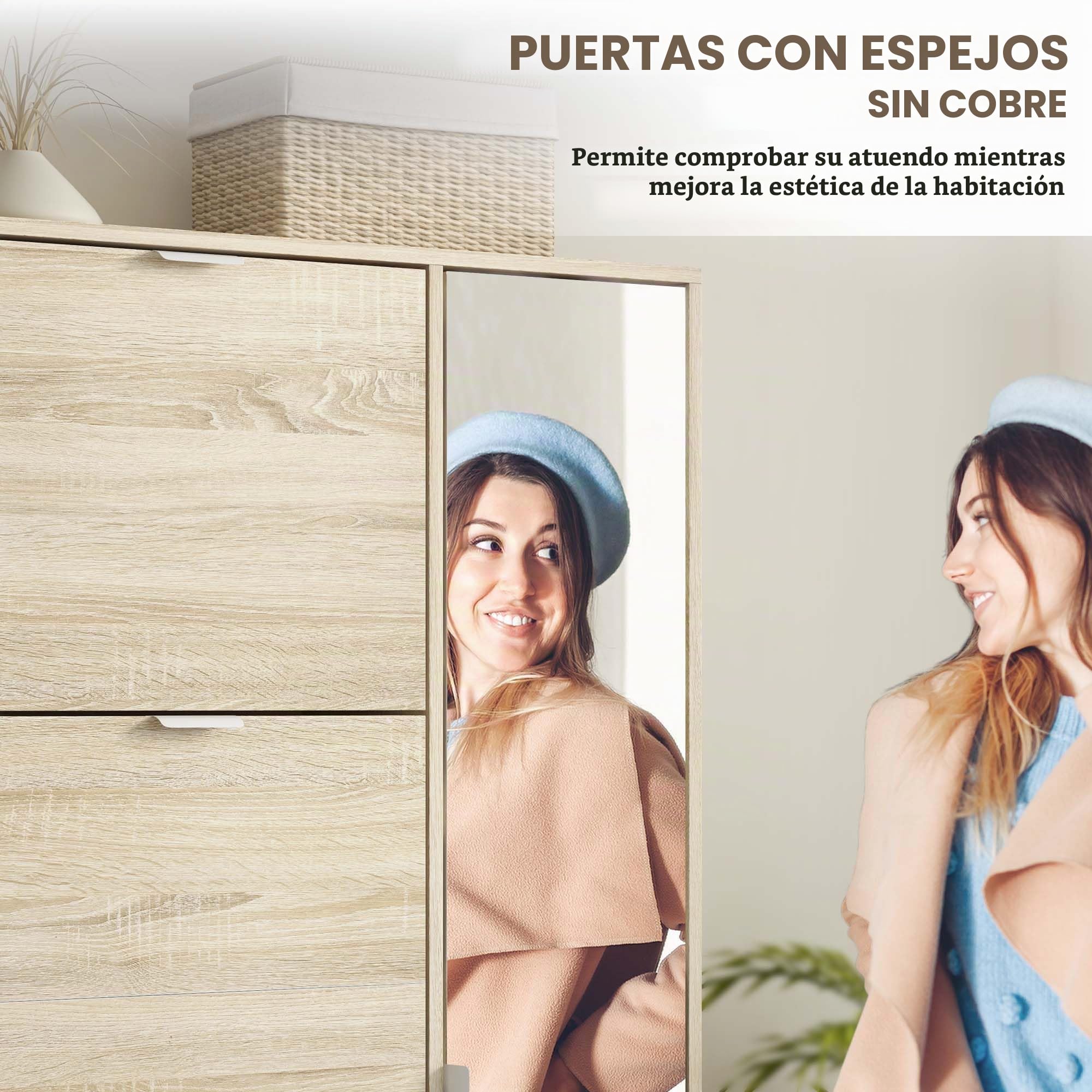 HOMCOM - Mueble para zapatos, con 2 armarios, 4 tapas y fachadas Espejo, estantes ajustables para 16 pares de zapatos, roble