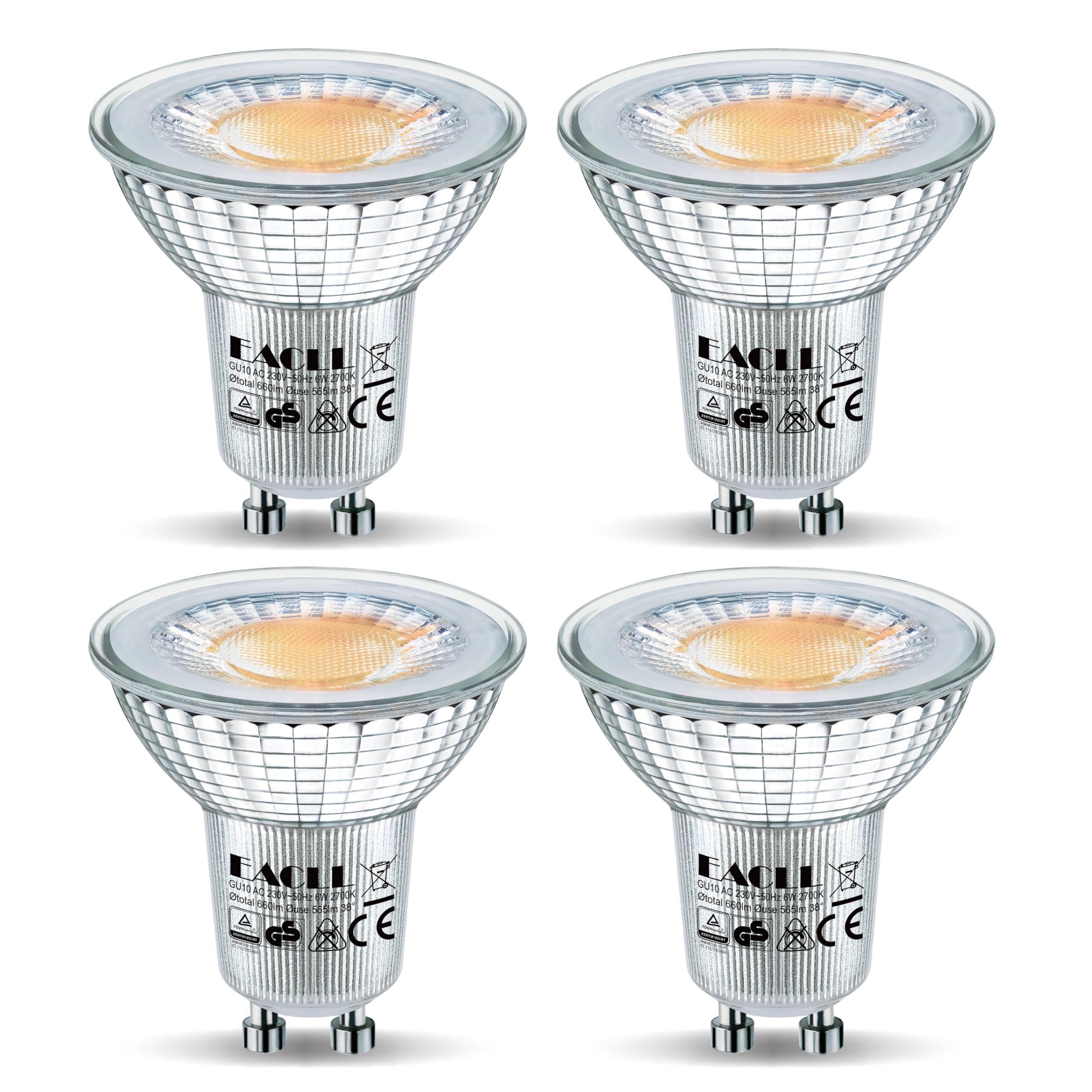 EACLL GU10 LED Warmweiss 6 Watt Ersetzt 75W Halogen Leuchtmittel, 4er-Pack, 565 Lumen 2700 Kelvin Birnen, AC 230V Flimmerfrei Strahler, Abstrahlwinkel 38 Grad Spot, Nicht Dimmbar Reflektor Lampen