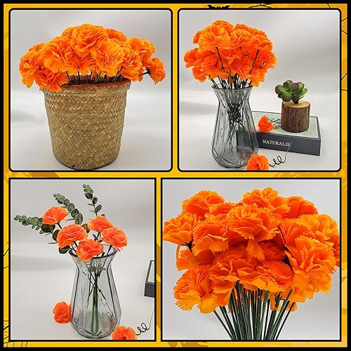 Miniatura 4 de Beau Jour 100 cabezas de flores de caléndula con tallos florales, flores artificiales de seda naranja para Diwali Día de los Muertos DIY guirnalda