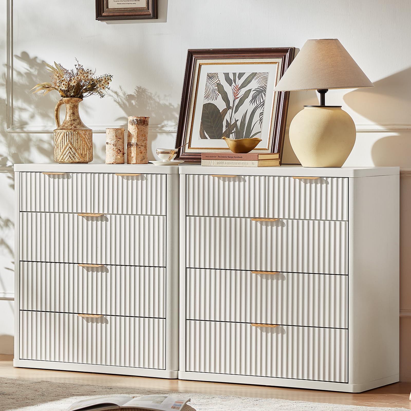 LEYAOYAO Fluted 5 Drawers Dresser for Bedroom Set of 2, 34" Tall Modern Chest of Drawers with Metal Handle, Curved Profile Design,White Wood Drawer Organizer for Bedroom, Living Room, Hallway