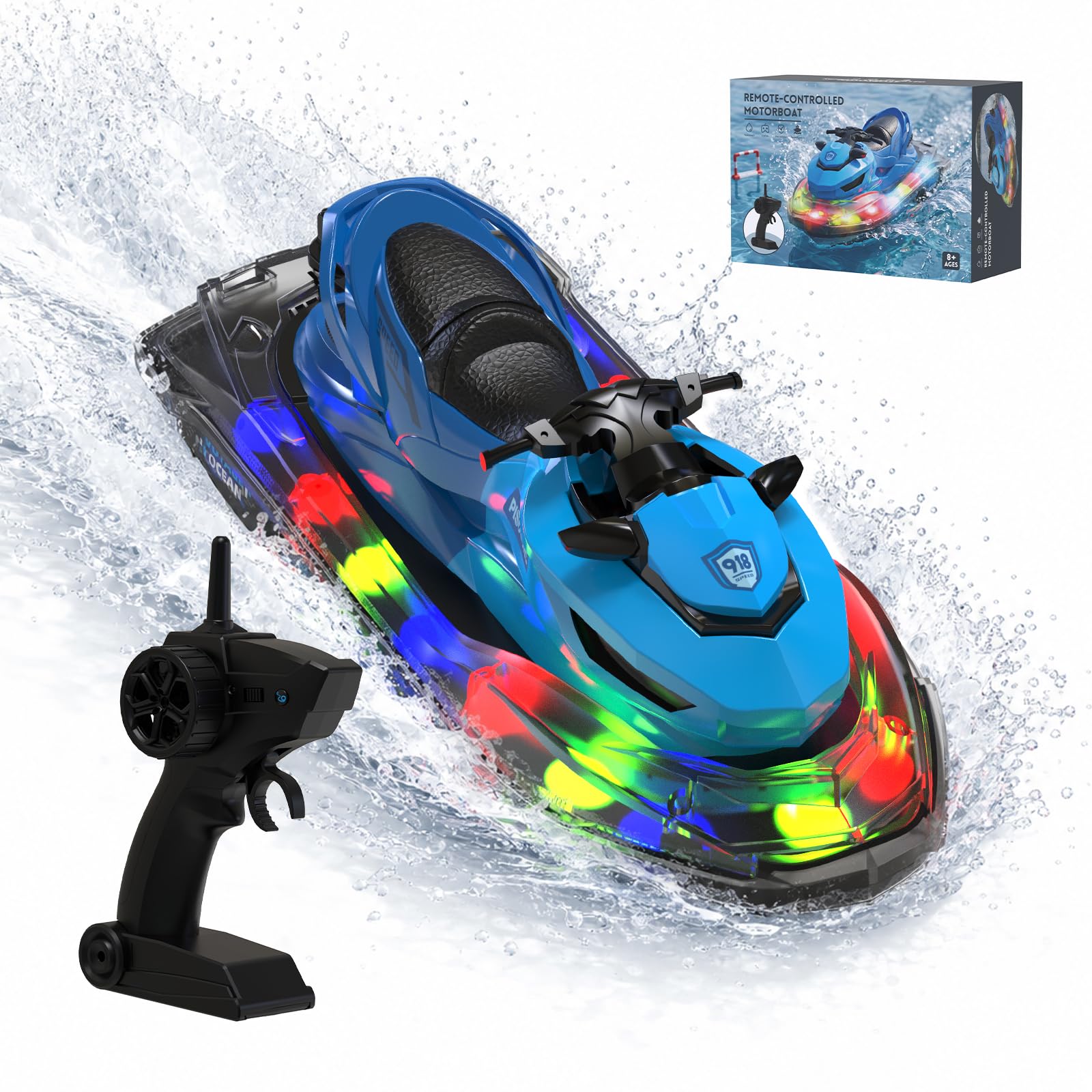Barco RC, Barco Radiocontrolado Para Adultos Y Niños De 8 A 12 Años, Lancha Motor 2,4 GHz, Arranque Automático Y Luces LED, Aviso Batería Baja, Nave RC Totalmente Impermeable, Juguete De Verano