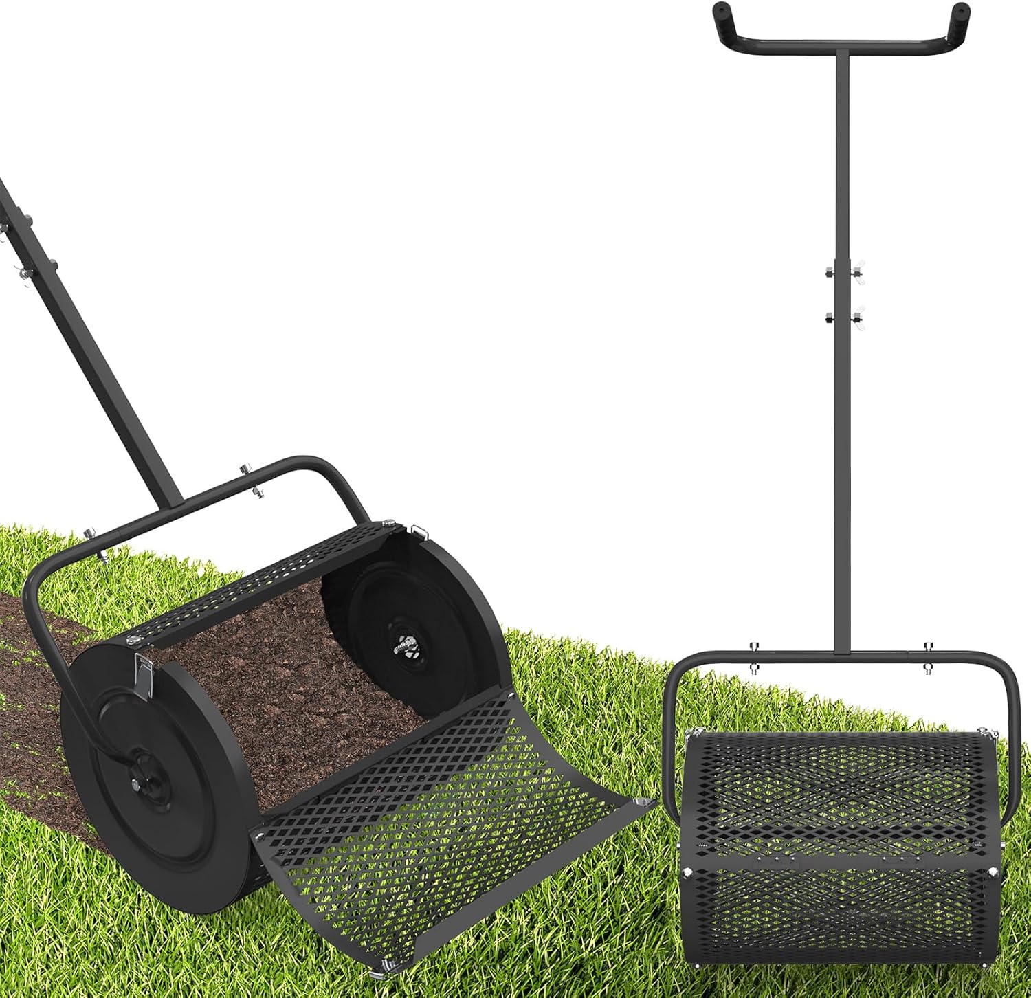 Lilyvane Compost Spreader, 24” Large Peat Moss Spreader with T Shaped Handle, Height Adjustable, Heacy Duty Garden Peat Moss Roller, Grass Seed Spreaders for Top Dressing Planting Seeding